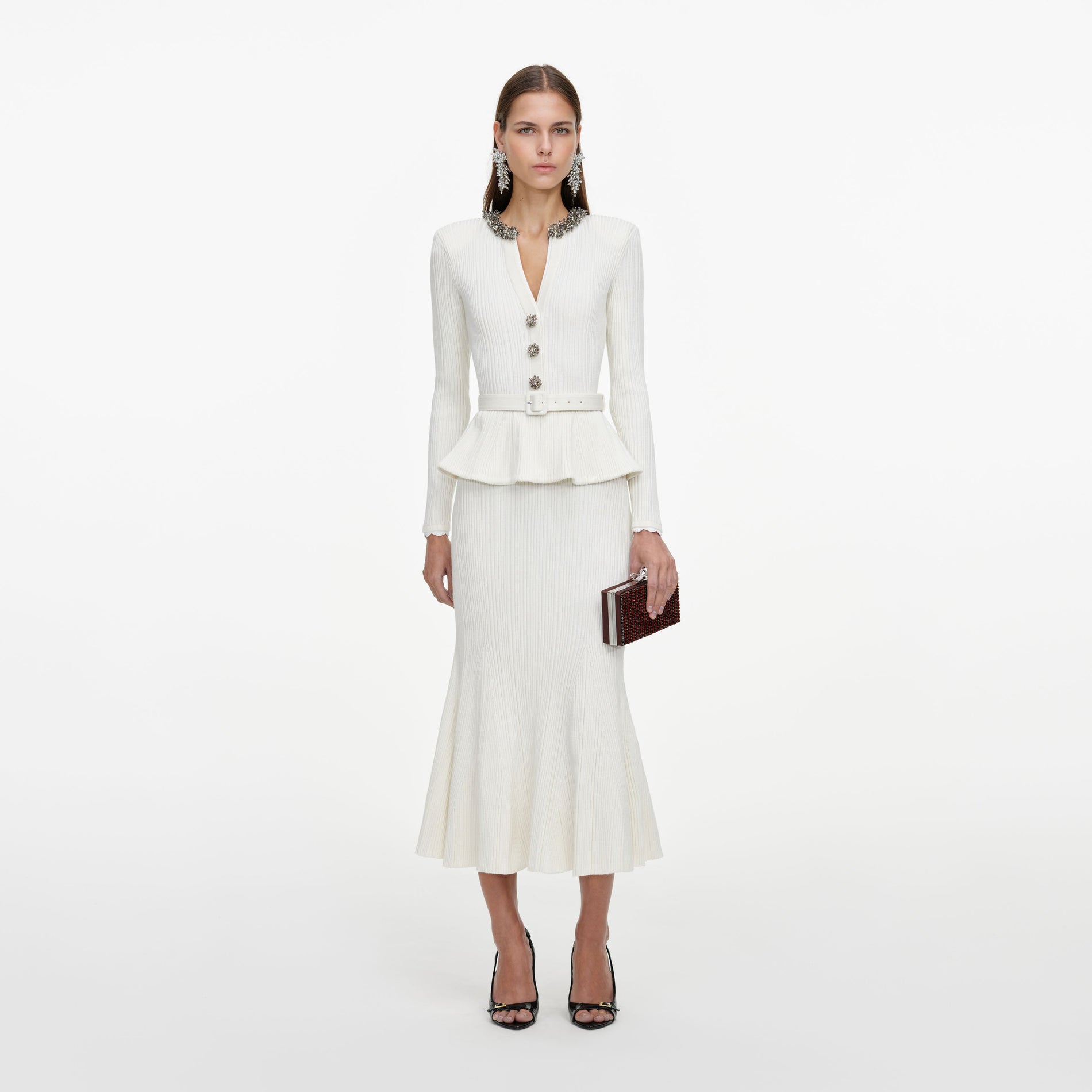 Front view of a woman wearing the Cream Lurex Rib Knit Midi Dress