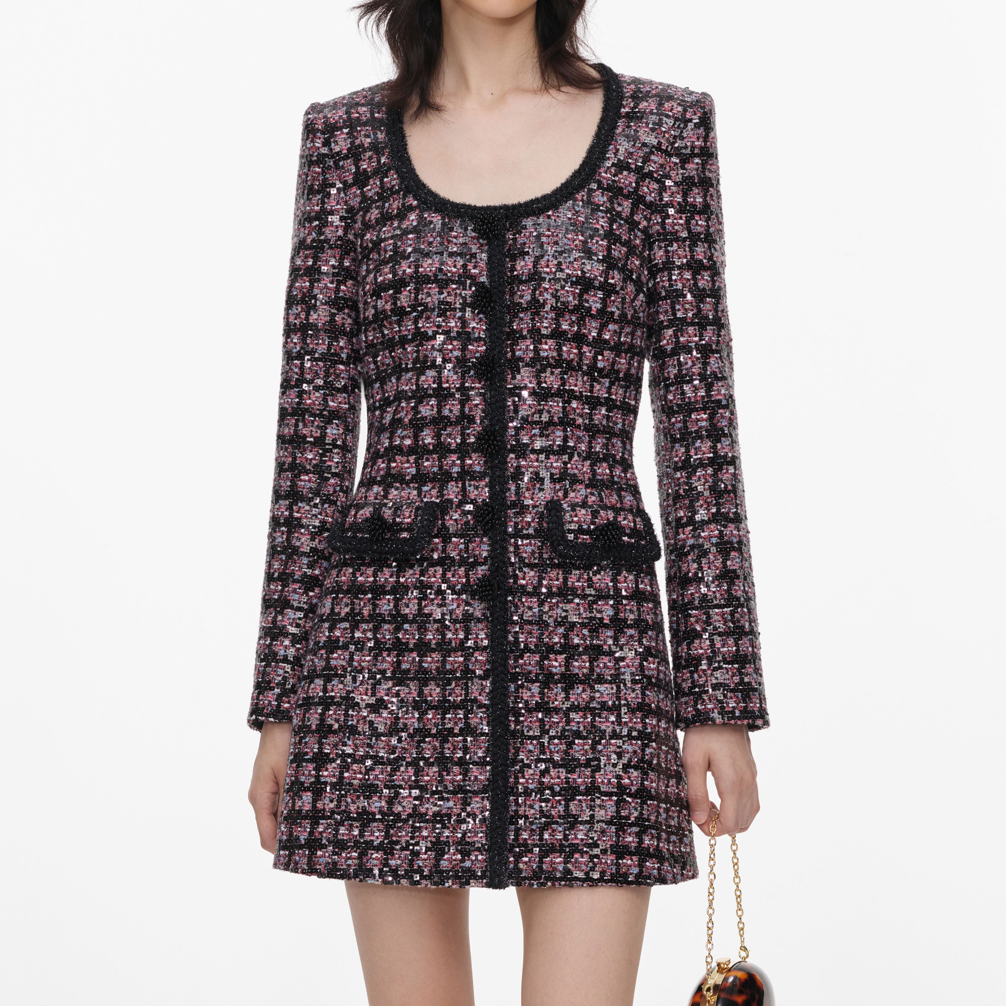 Pink and Black Sequin Boucle Mini Dress
