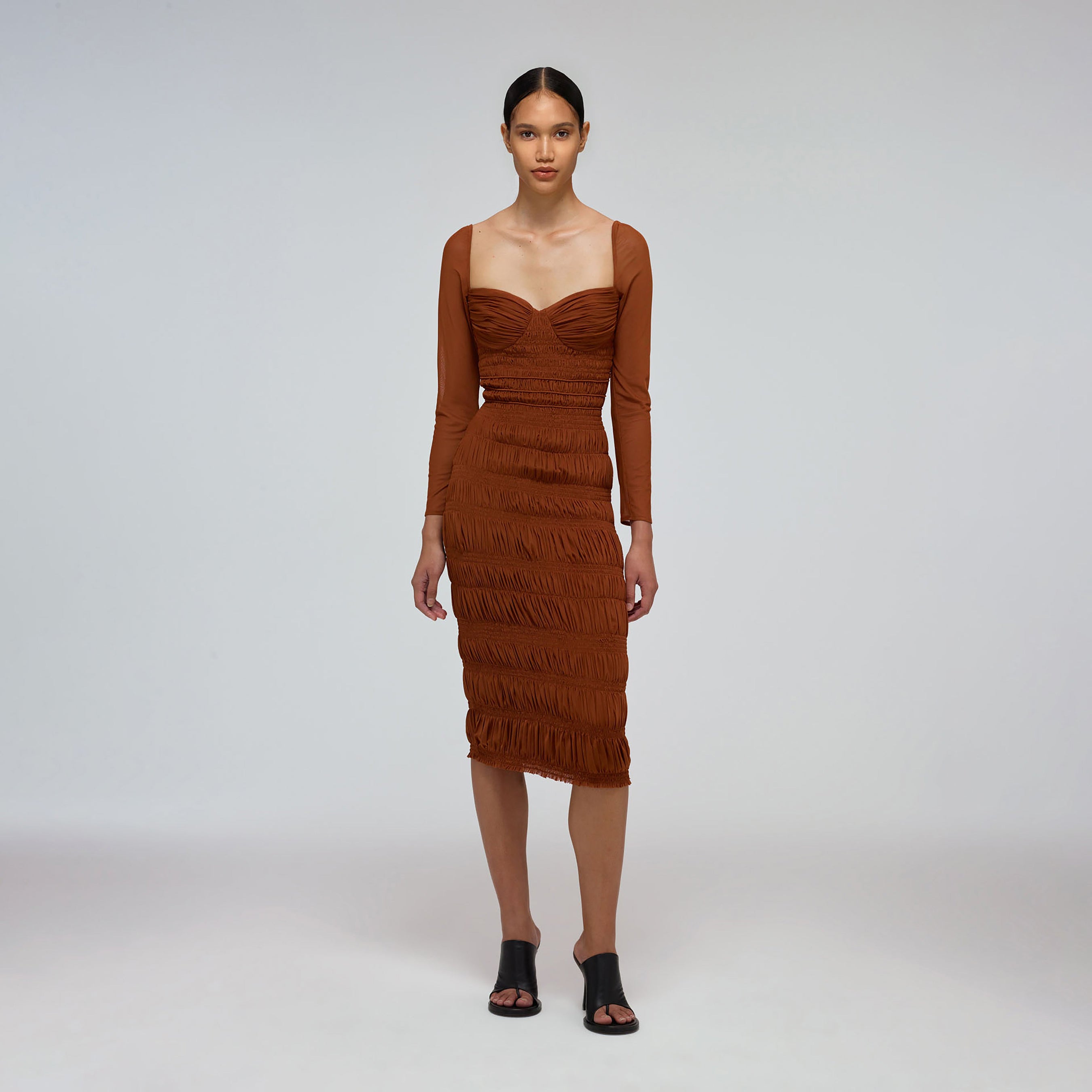 Caramel Shirred Power Mesh Midi Dress