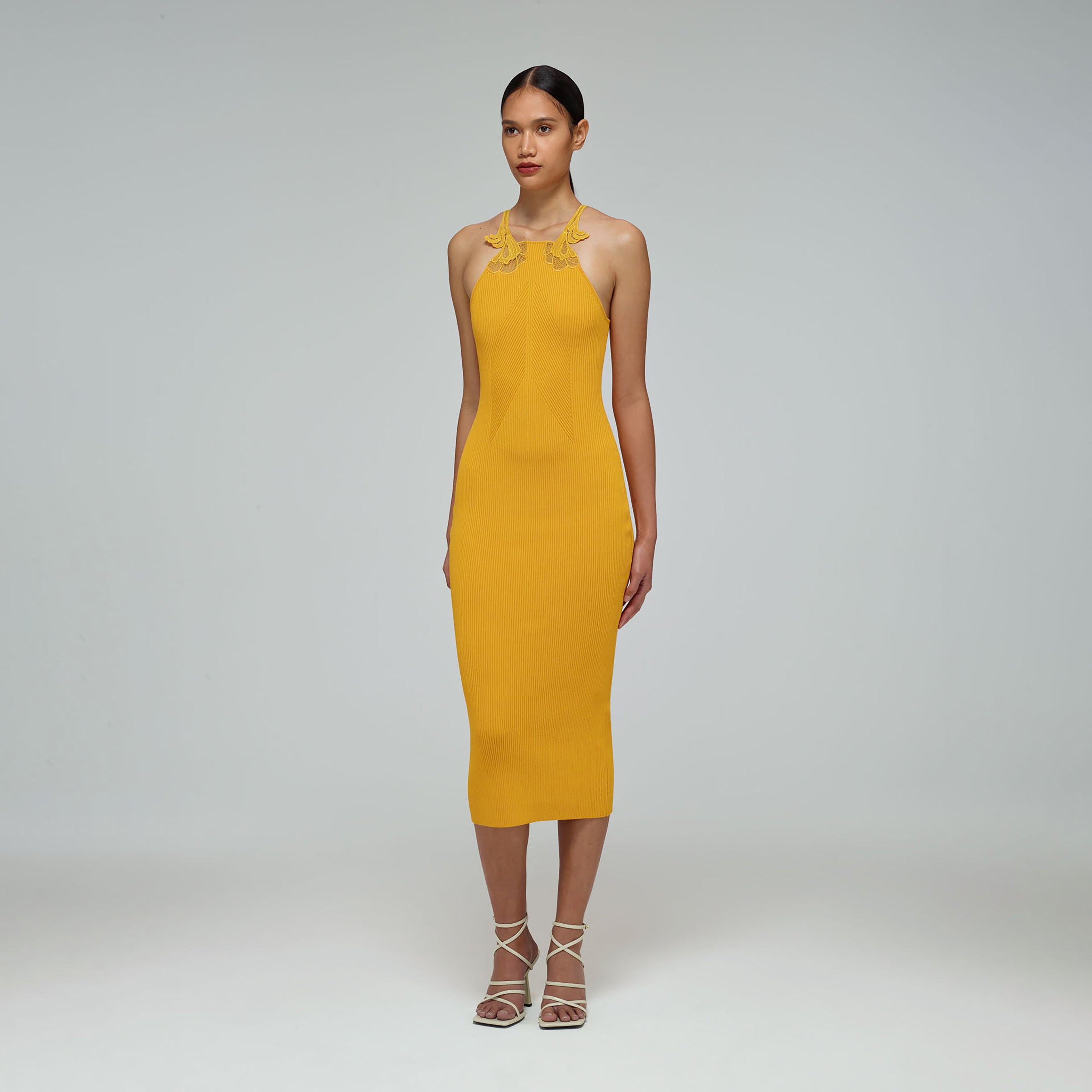 Canary Yellow Inserted Lace Knit Dress