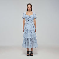 Blue Floral Silhouette Chiffon Tiered Midi Dress