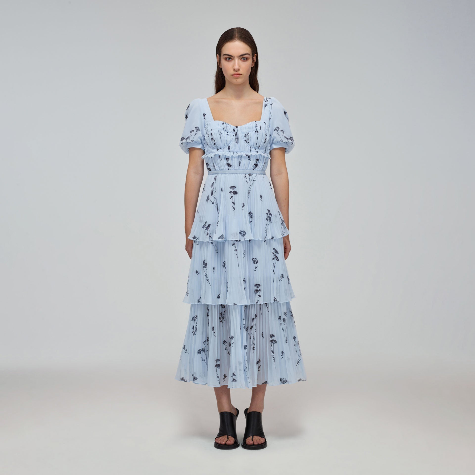 Blue Floral Silhouette Chiffon Tiered Midi Dress