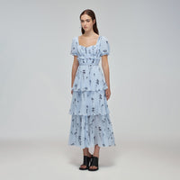 Blue Floral Silhouette Chiffon Tiered Midi Dress