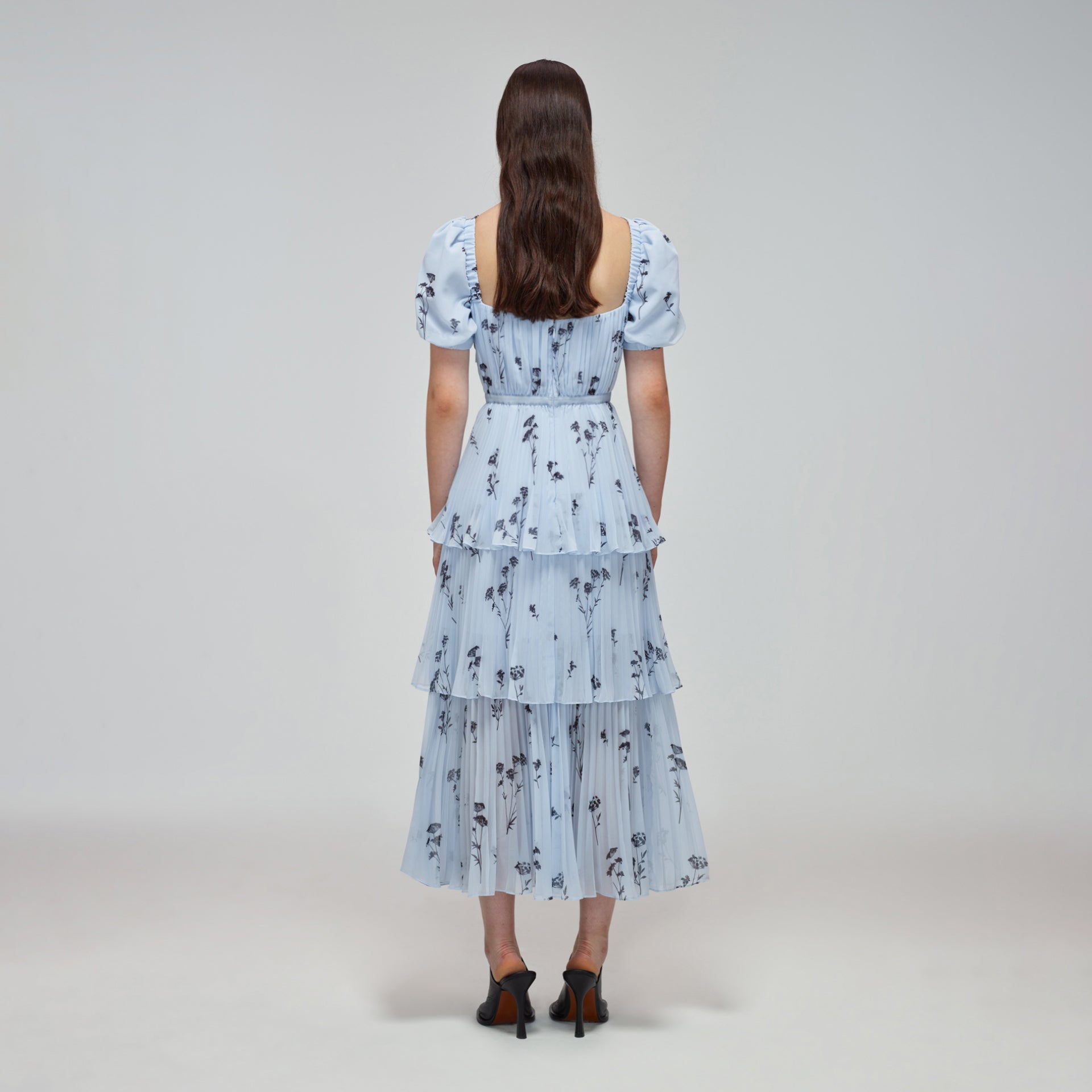 Blue Floral Silhouette Chiffon Tiered Midi Dress