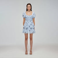 Blue Floral Silhouette Chiffon Tiered Mini Dress