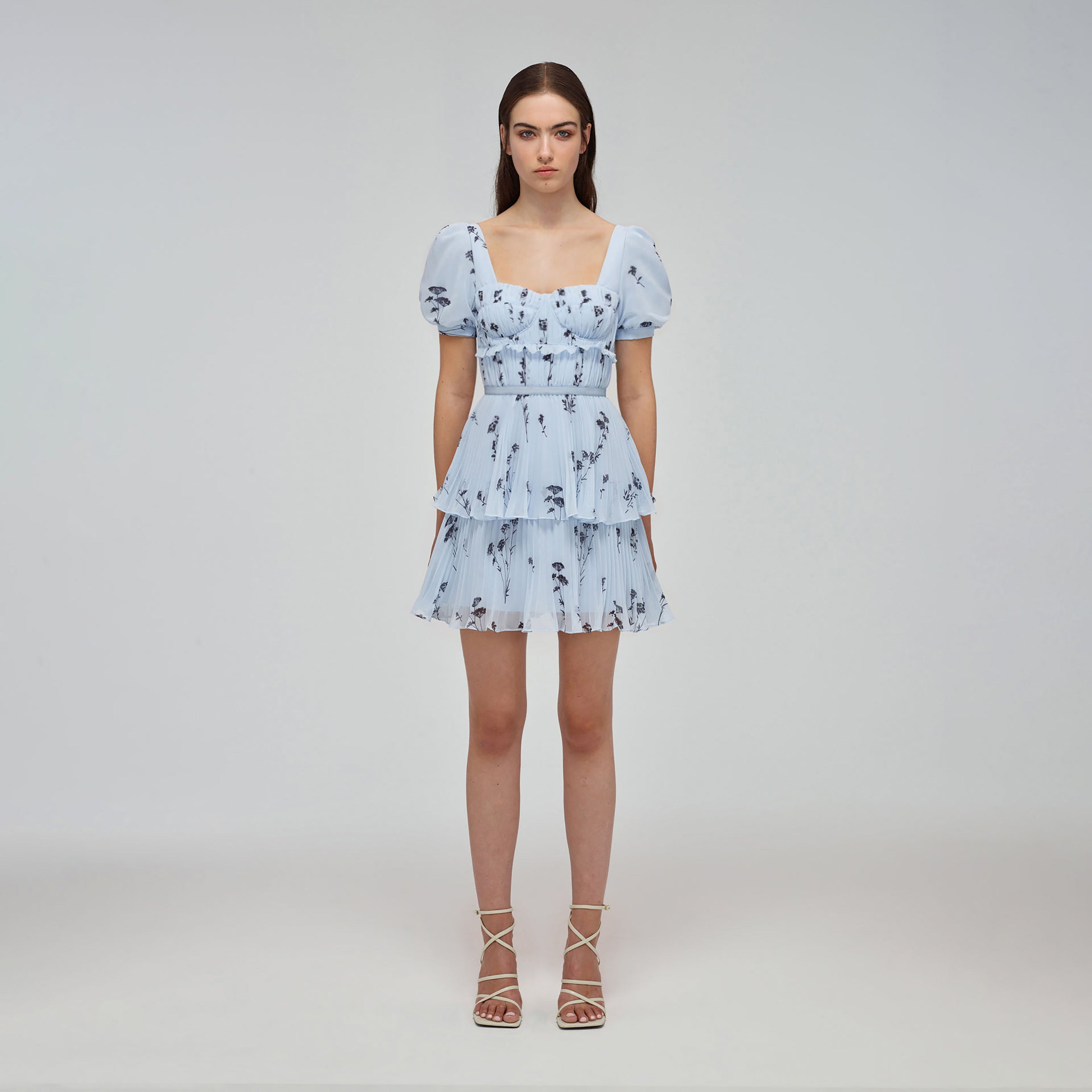 Blue Floral Silhouette Chiffon Tiered Mini Dress