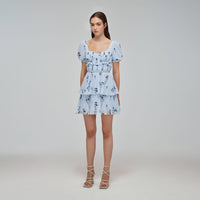 Blue Floral Silhouette Chiffon Tiered Mini Dress