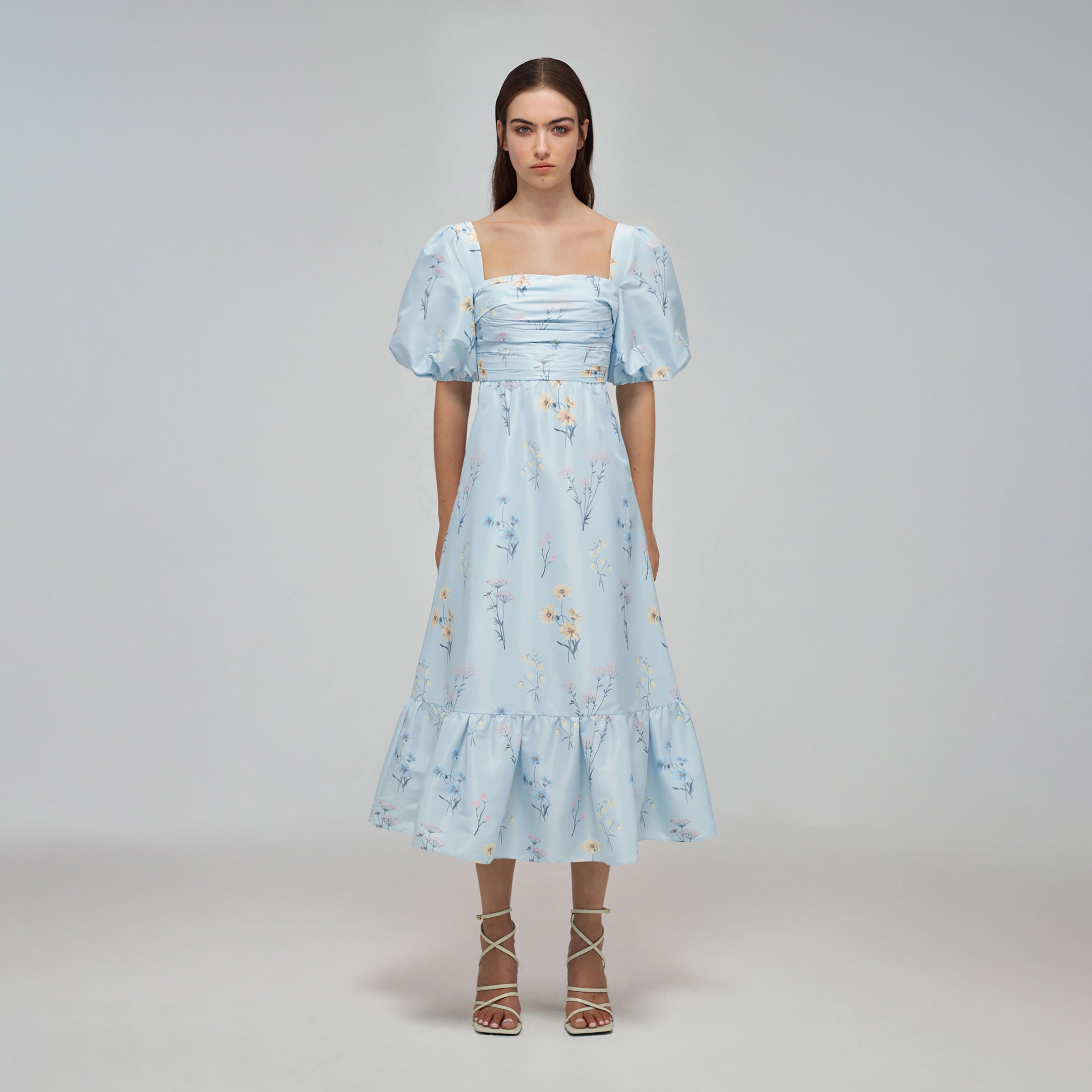 Blue Floral Watercolour Taffeta Midi Dress