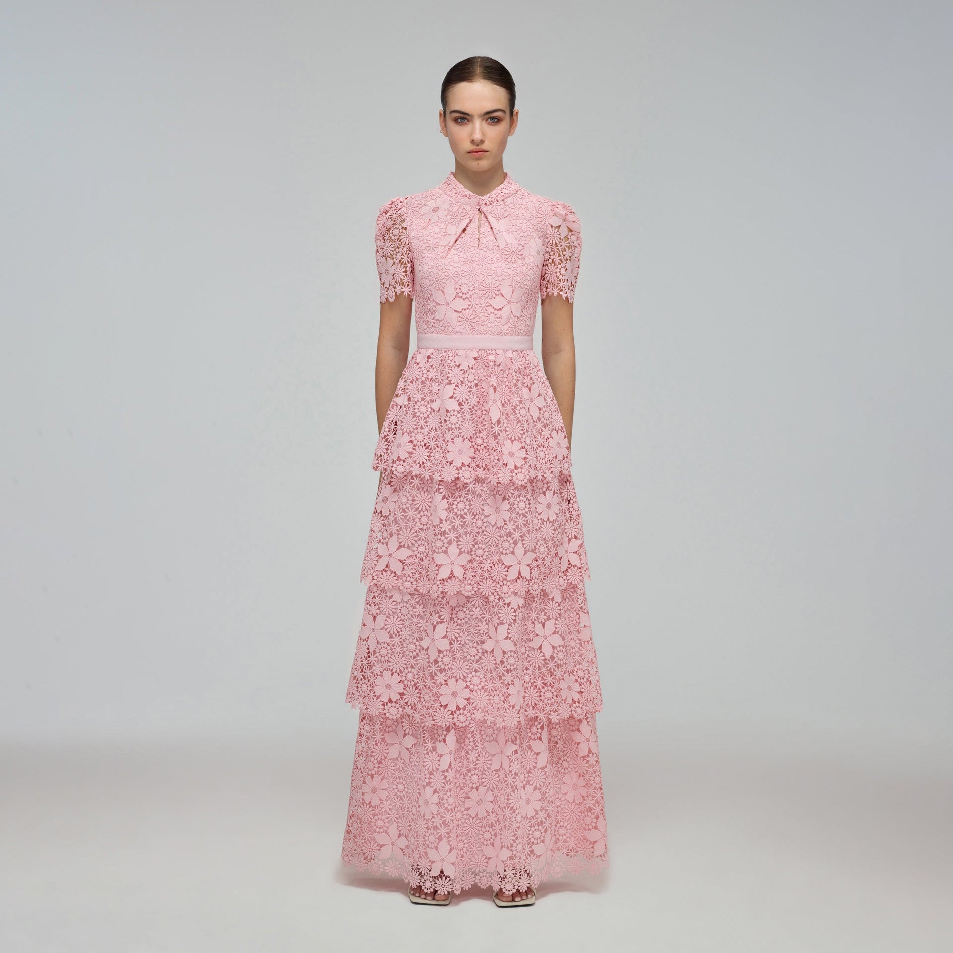 Pink Tiered Guipure Lace Maxi Dress