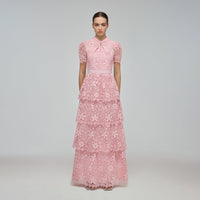 Pink Tiered Guipure Lace Maxi Dress