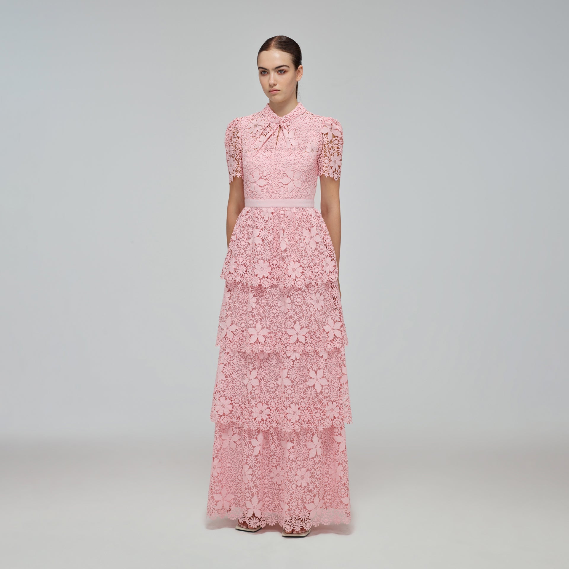 Pink Tiered Guipure Lace Maxi Dress