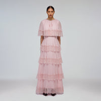 Pink Tiered Chiffon Cape Maxi Dress