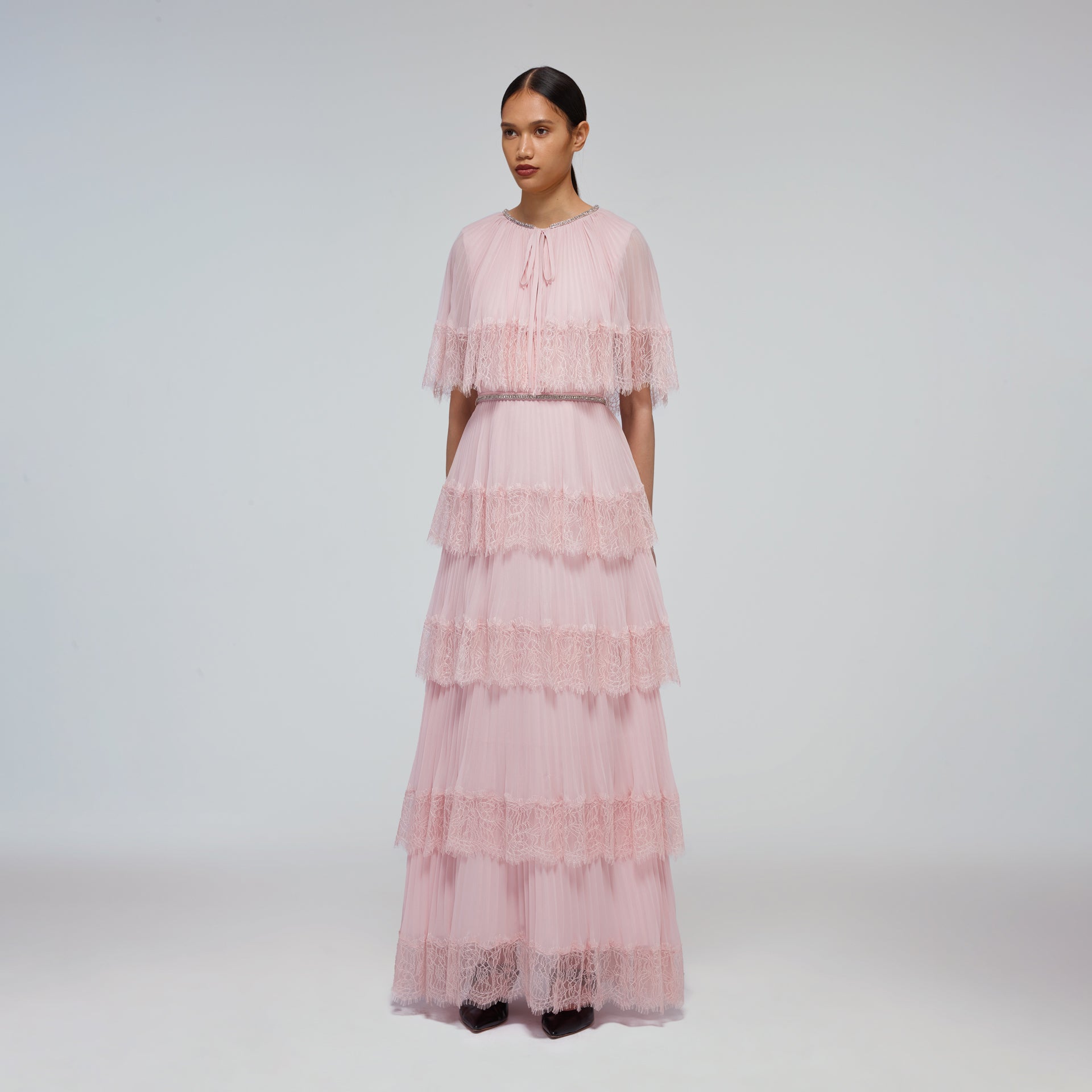 Pink Tiered Chiffon Cape Maxi Dress