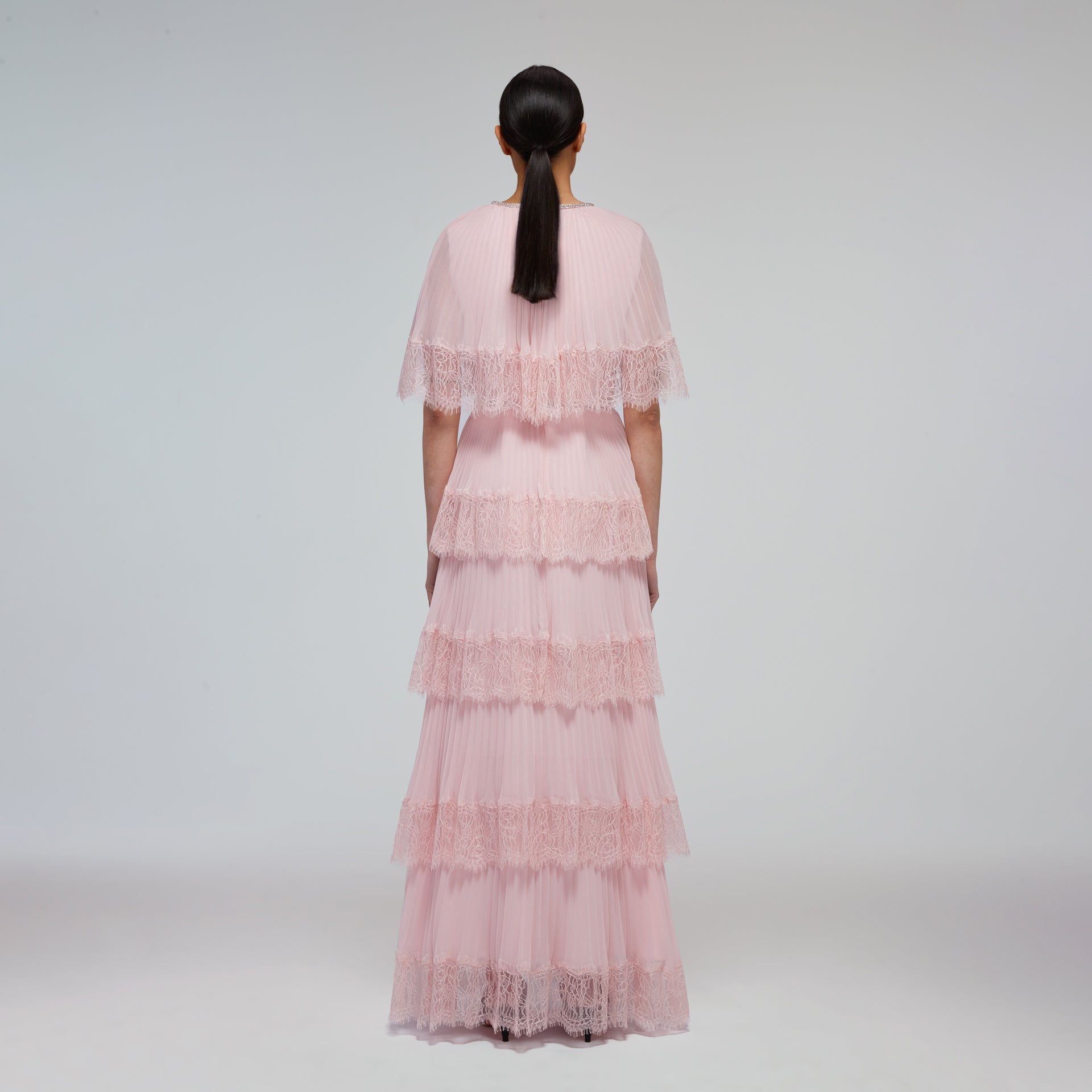 Pink Tiered Chiffon Cape Maxi Dress