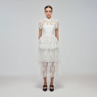 White Guipure Lace Tiered Midi Dress