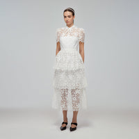 White Guipure Lace Tiered Midi Dress