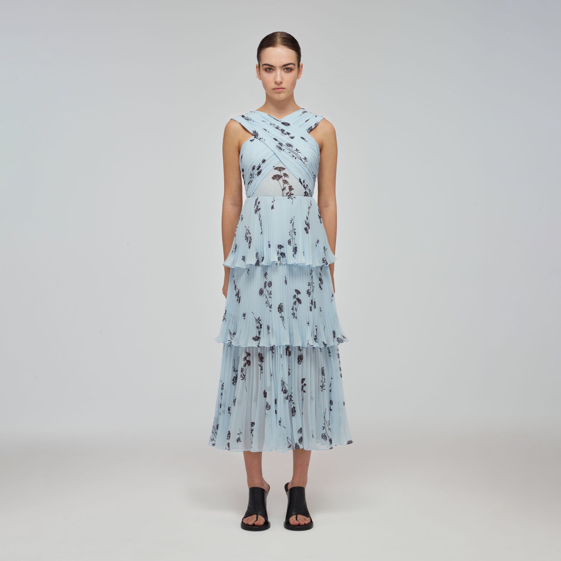 Blue Floral Silhouette Chiffon Crossover Midi Dress