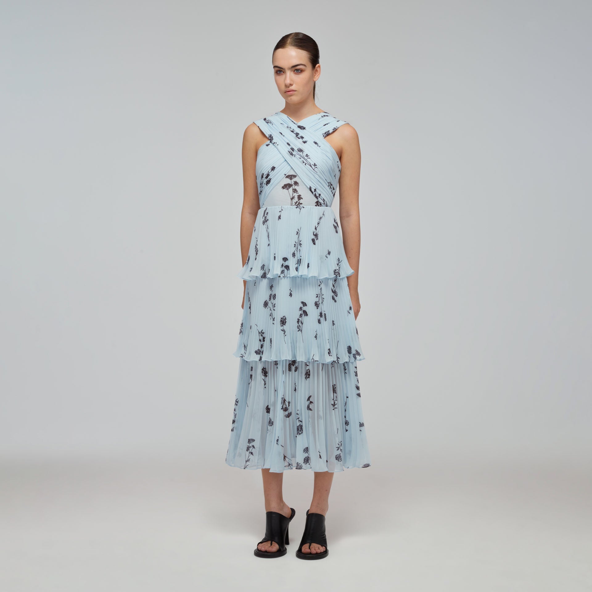 Blue Floral Silhouette Chiffon Crossover Midi Dress