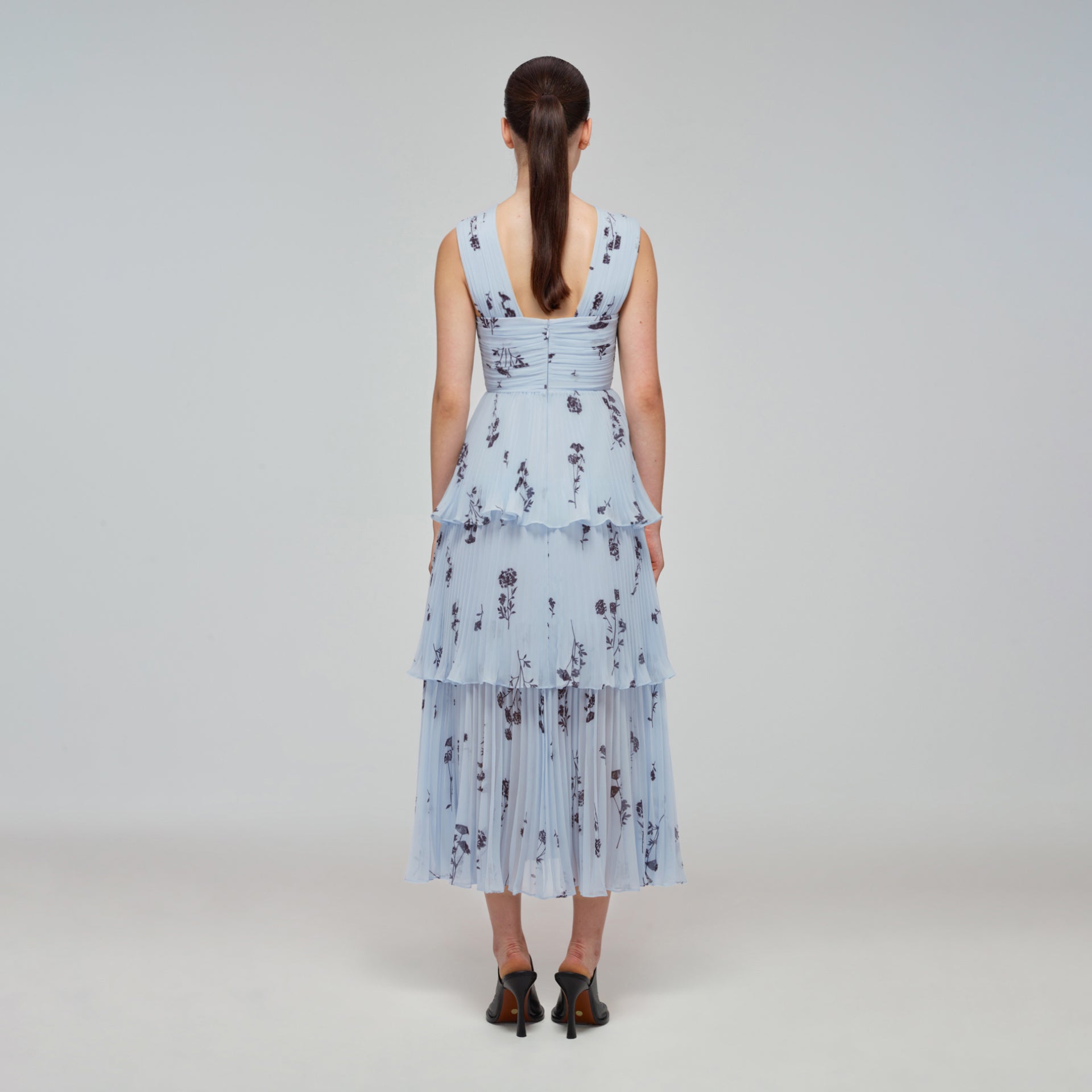 Blue Floral Silhouette Chiffon Crossover Midi Dress