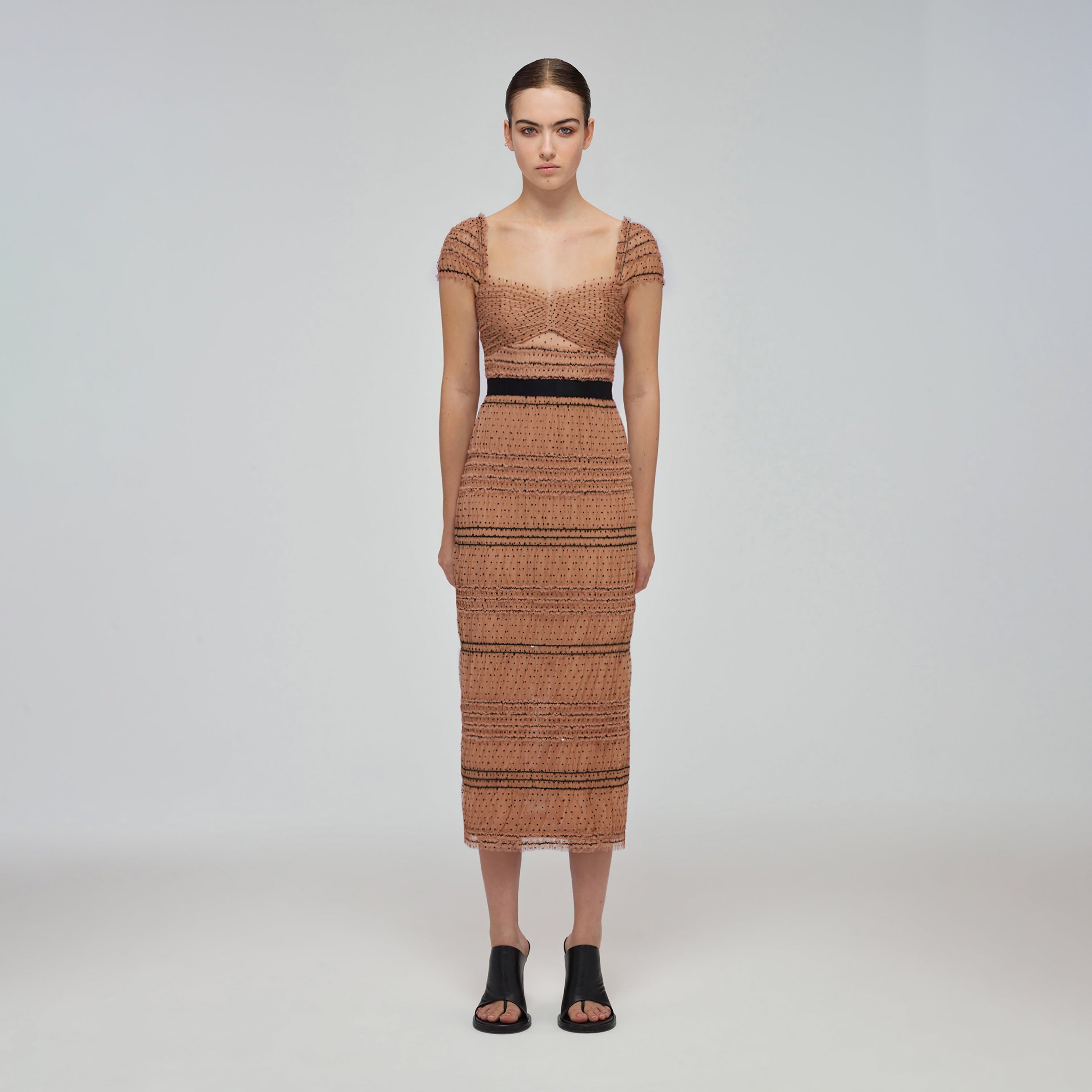 Tan Dot Mesh Shirred Midi Dress