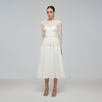 Ivory Corded Lace Voluminous Skirt Midi Dress