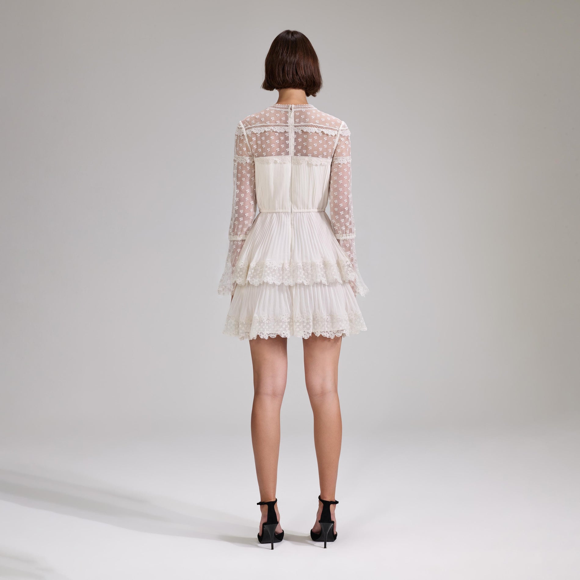 Cream Chiffon Lace Tiered Mini Dress