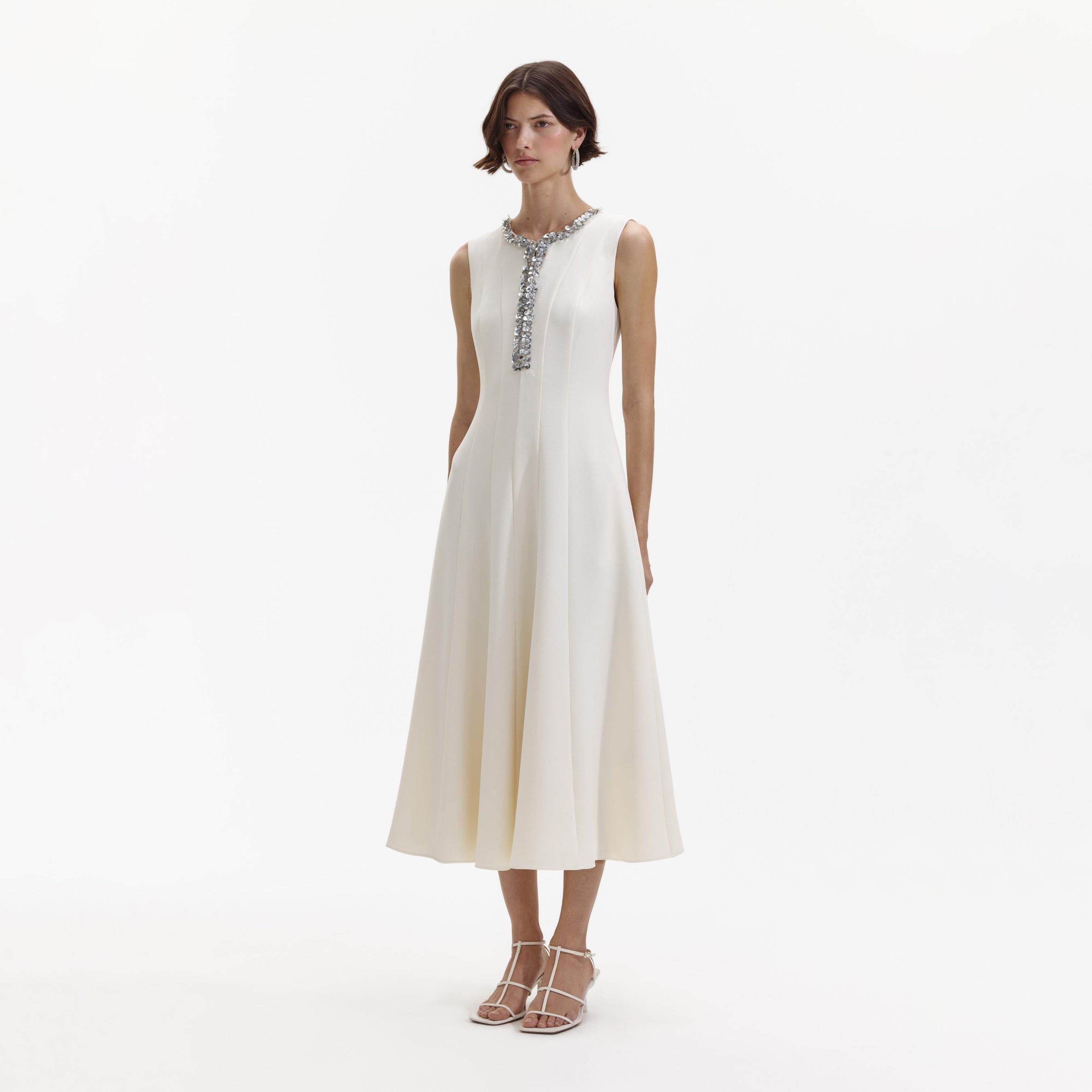 Cream Crepe Embellished Midi Dress