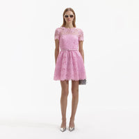 Pink Guipure Round Neck Mini Dress