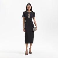 Black Crepe Diamante Bow Midi Dress