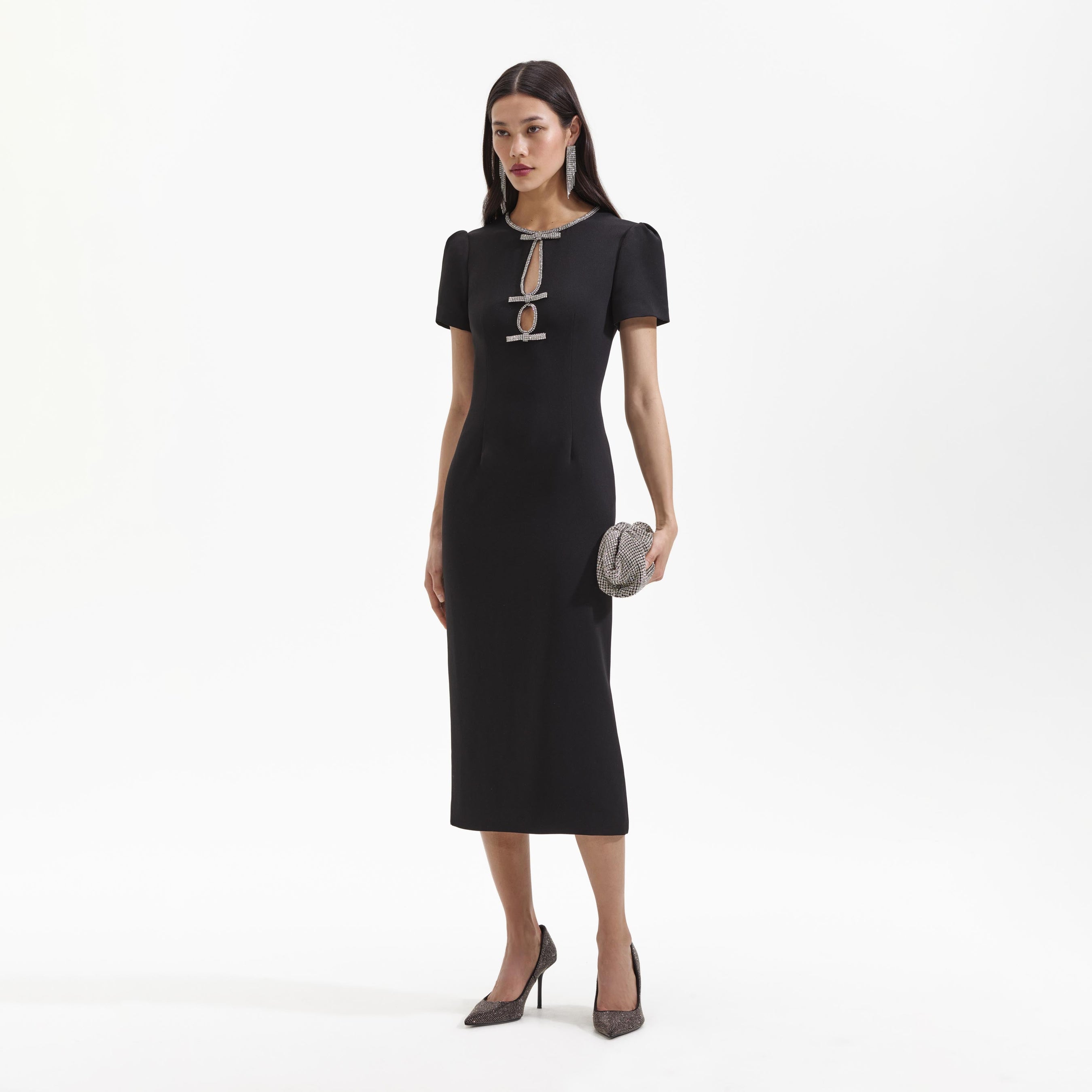 Black Crepe Diamante Bow Midi Dress