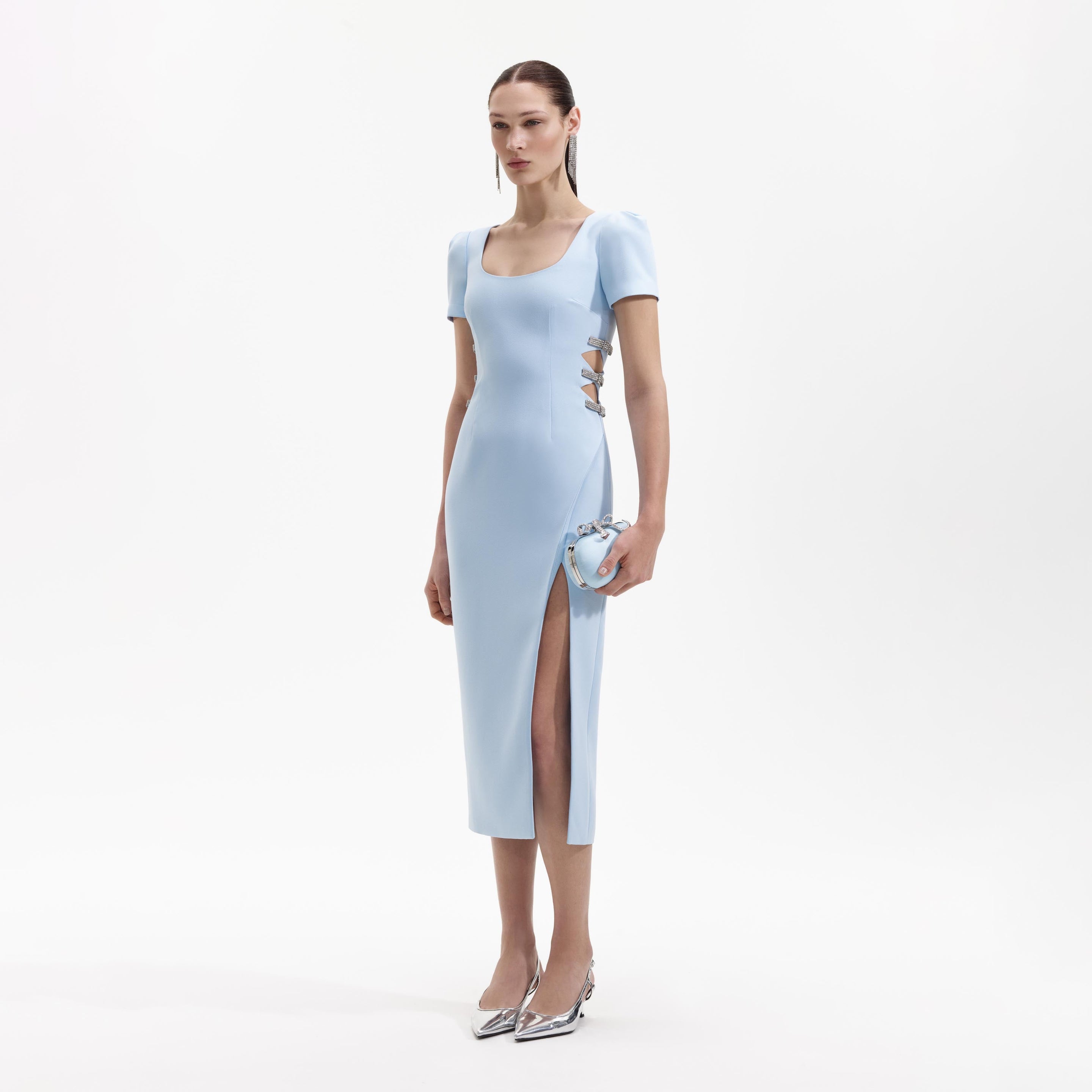 The Square Neck Side Split Midi Dress - Women's Long Sleeve Floral Square  Neck Midi Dress - Blue - Dresses