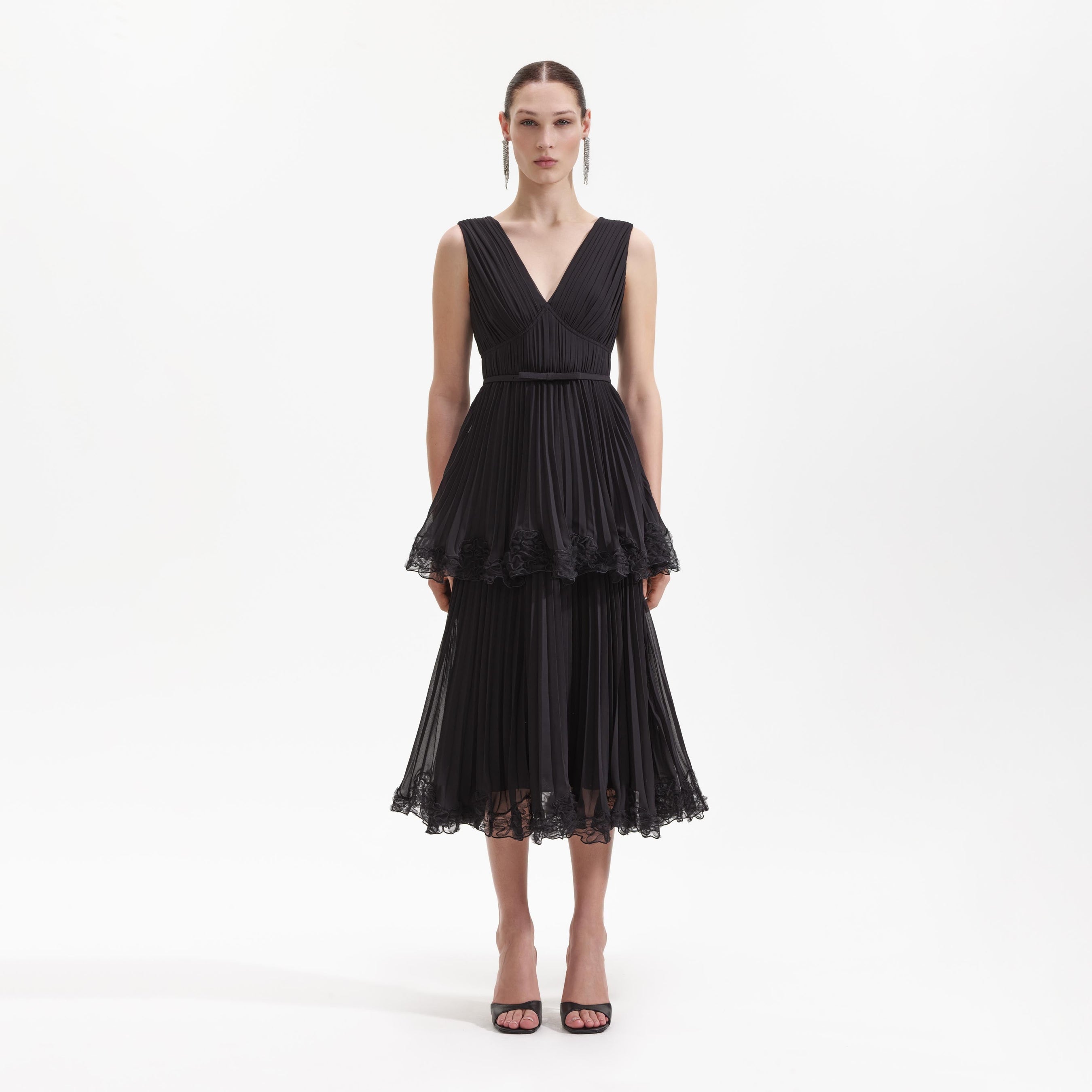 Black Chiffon Tier Midi Dress