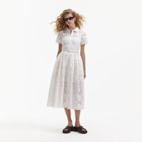 White Cotton Embroidery Midi Dress