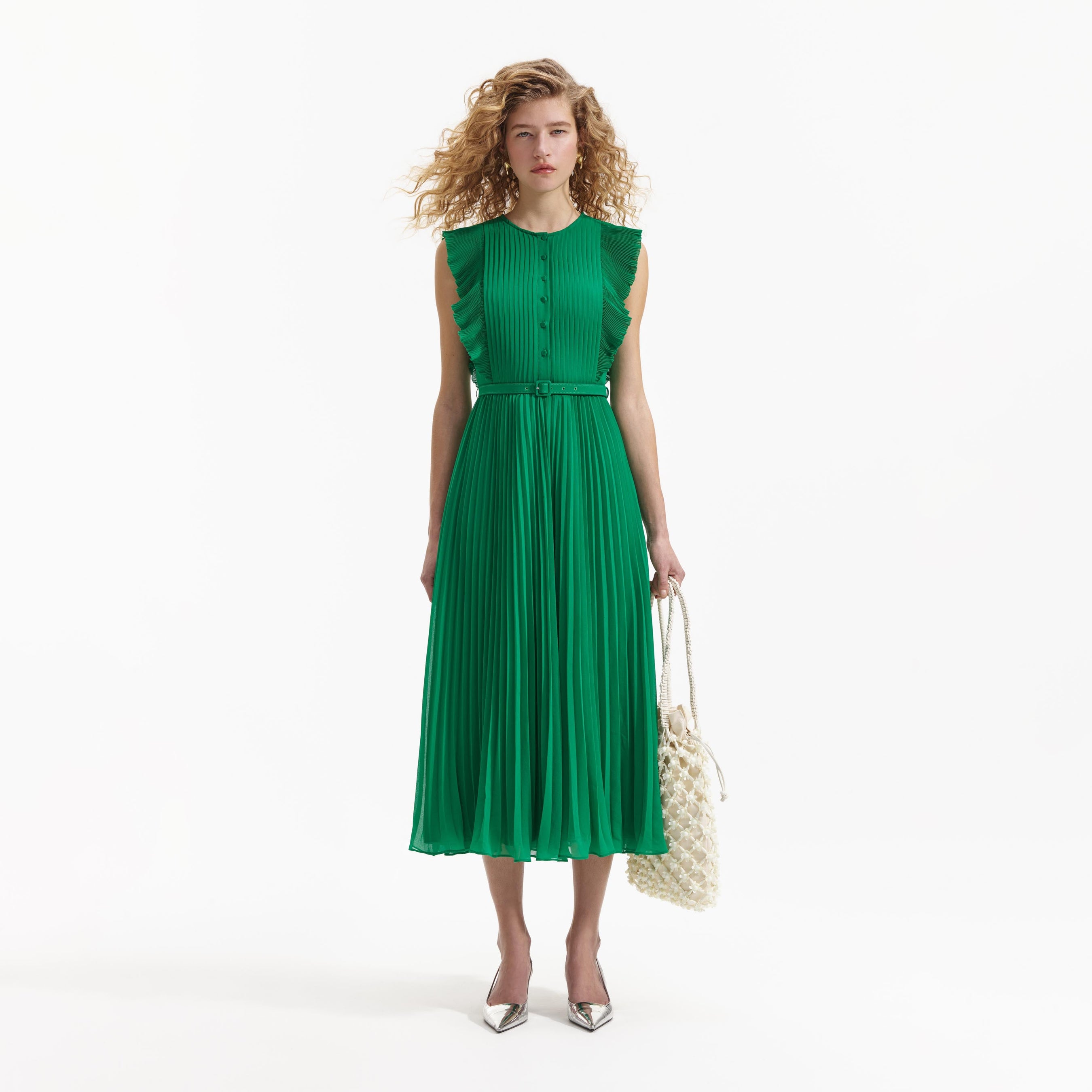 Green Chiffon Sleeveless Ruffle Midi Dress