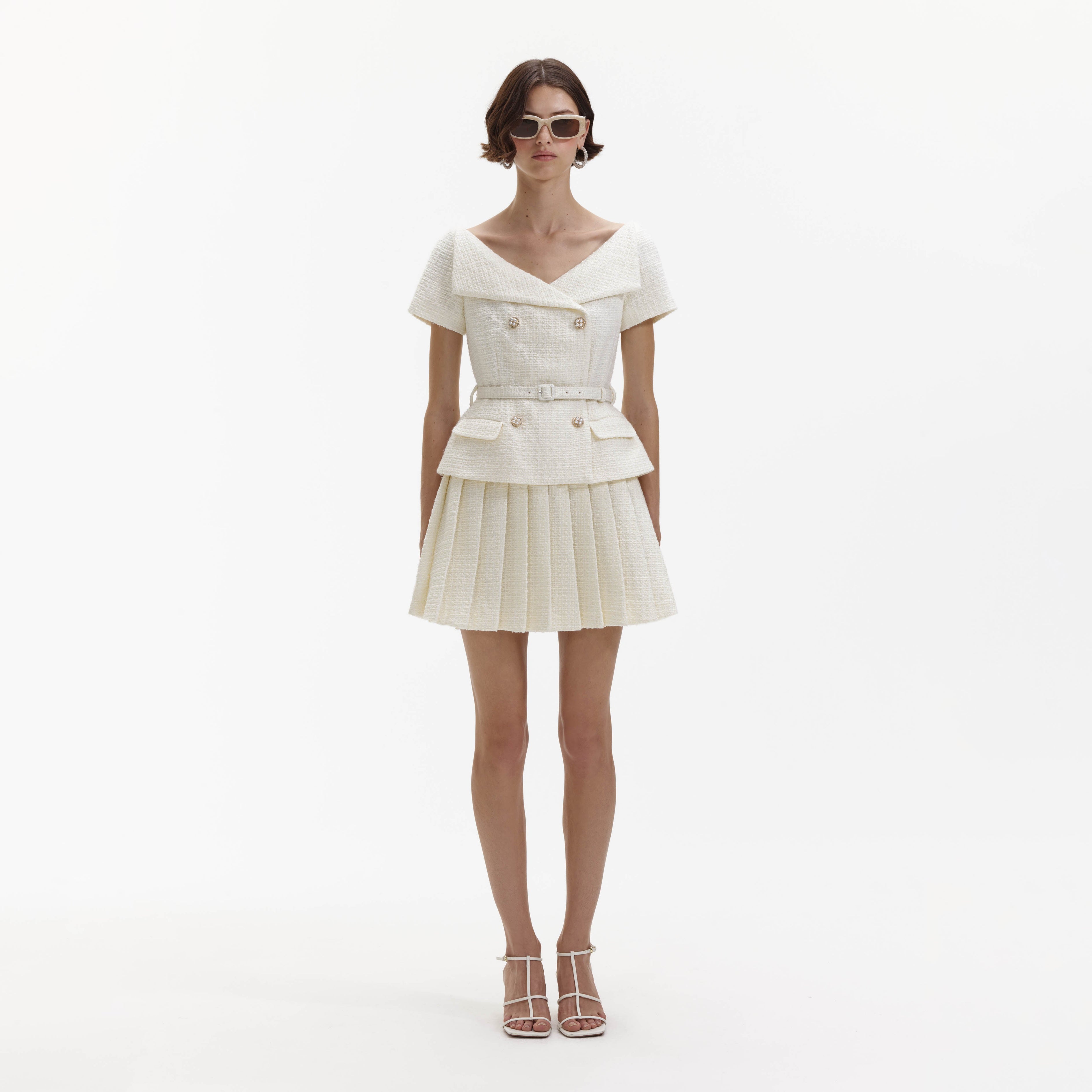 Cream Boucle Pleated Mini Dress