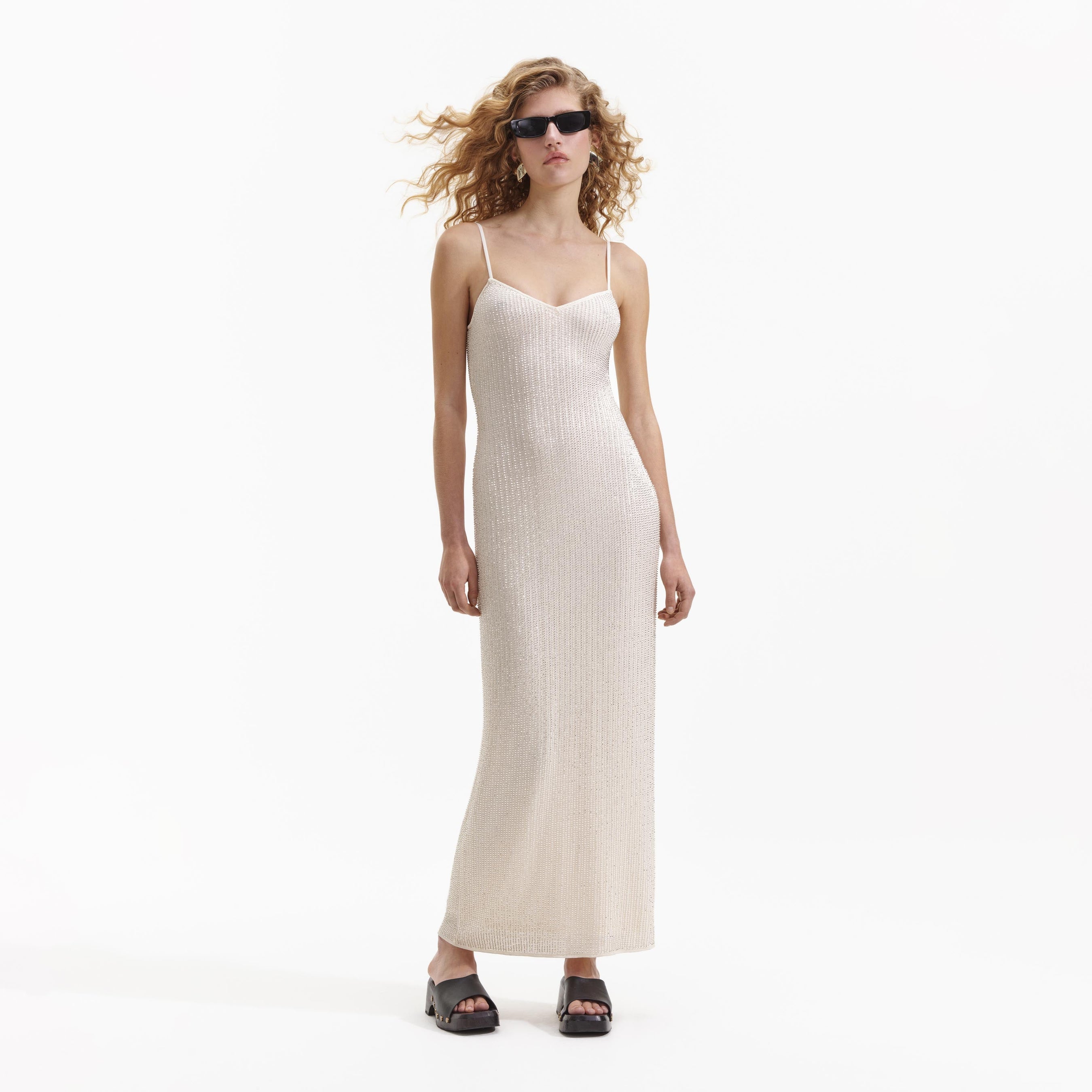 Cream Beaded Mesh Maxi Dress