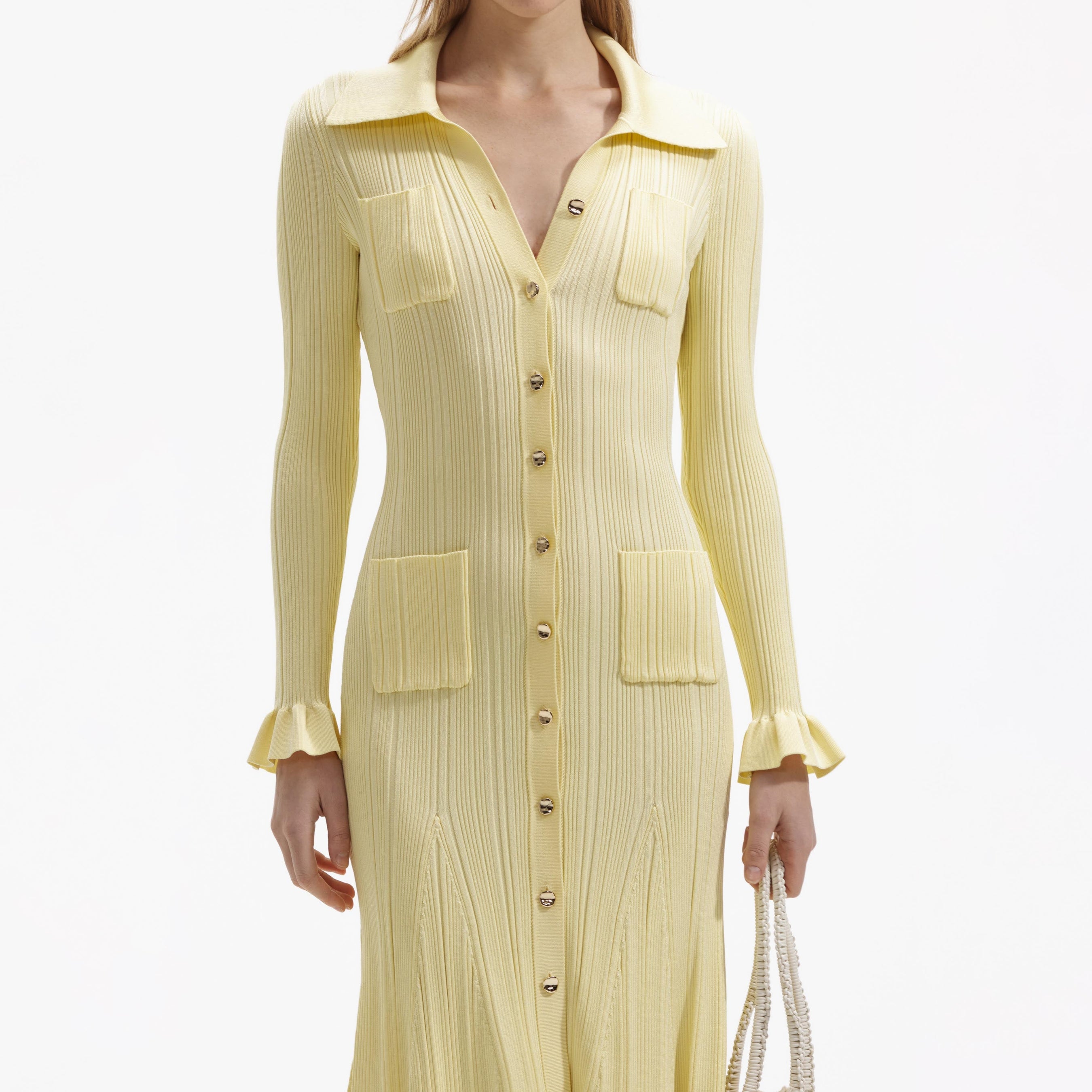 Yellow Ribbed Knit Midi Dress