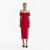 Red Crepe Off Shoulder Bow Midi Dress