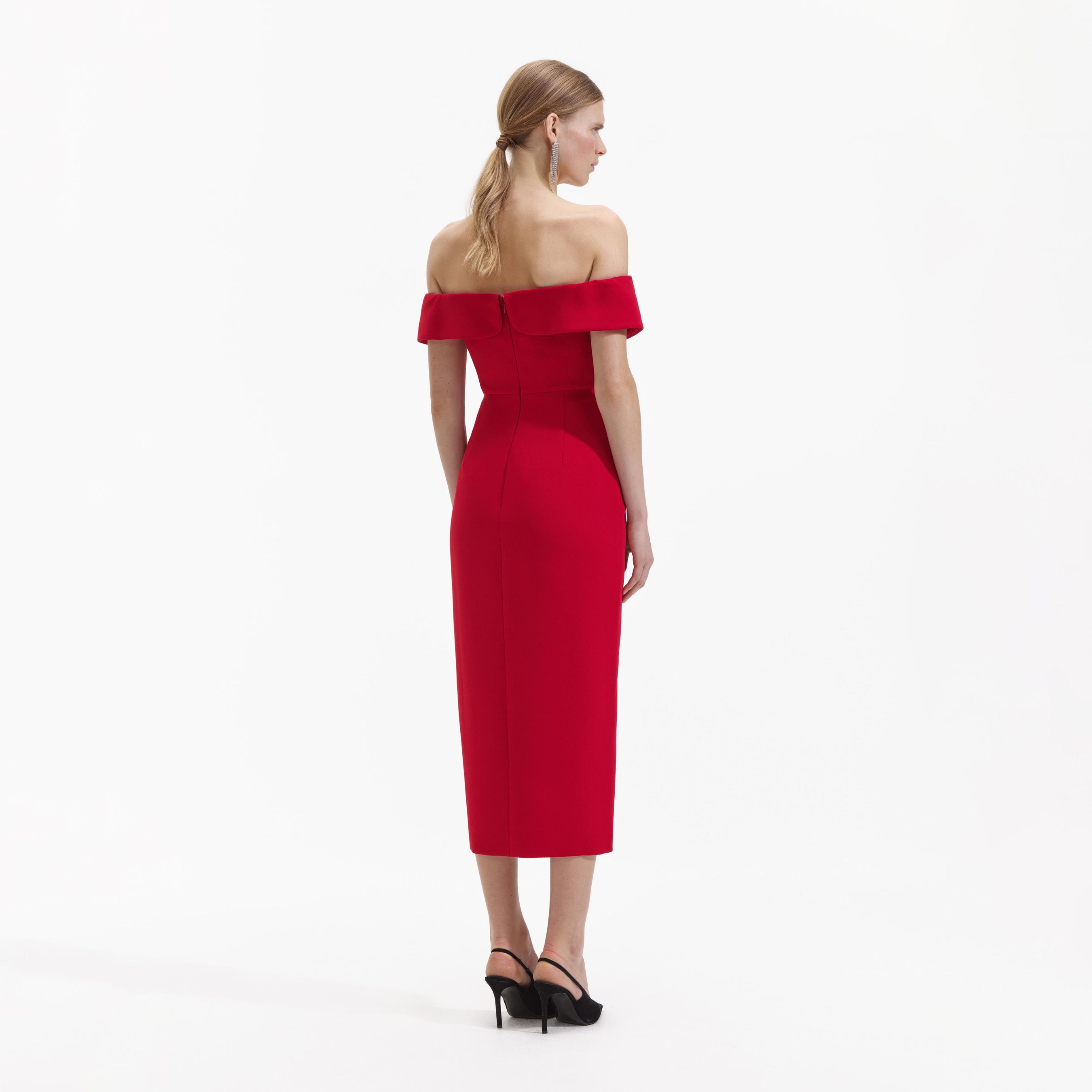 Red Crepe Off Shoulder Bow Midi Dress