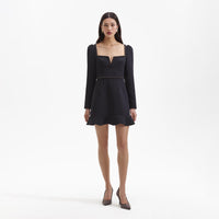 Black Bonded Crepe Long Sleeve Mini Dress