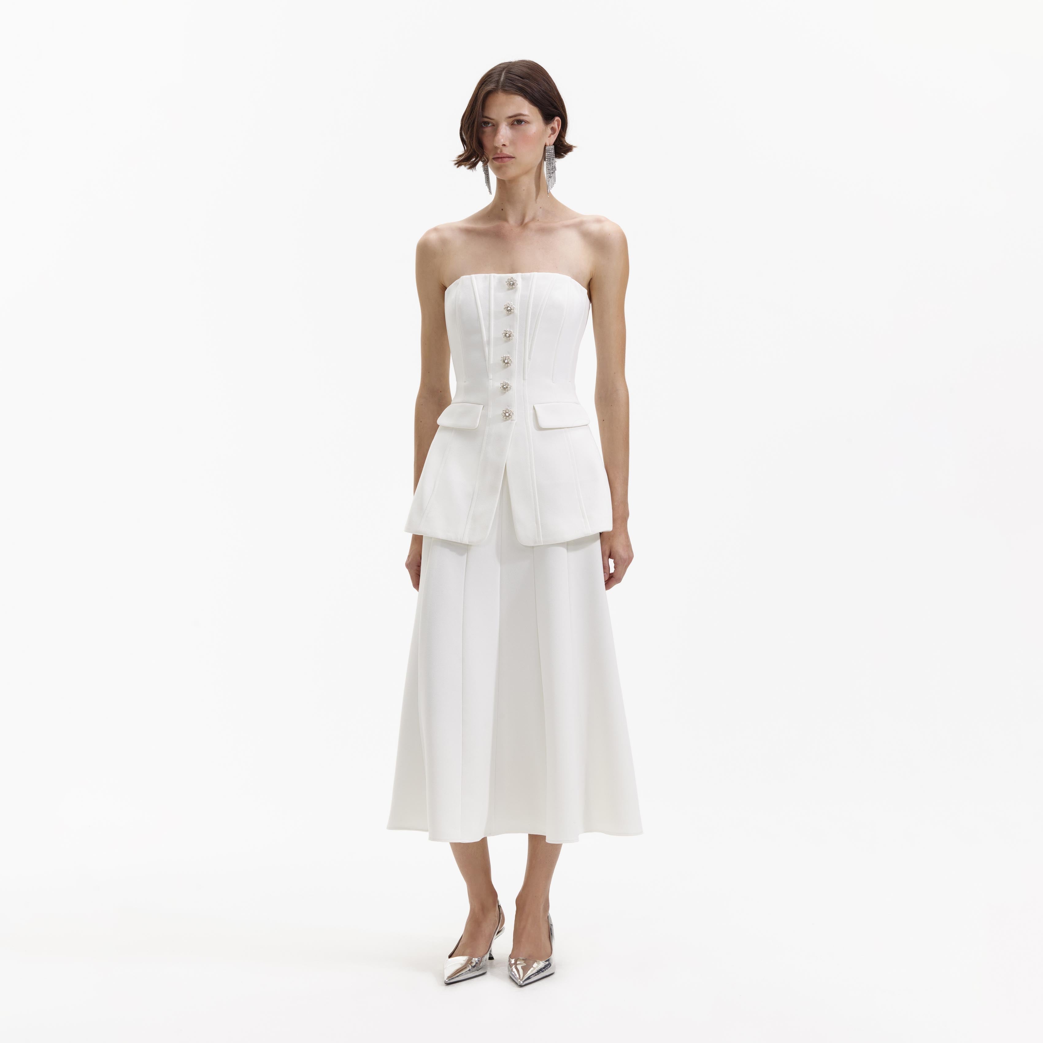 White crepe cheap midi skirt