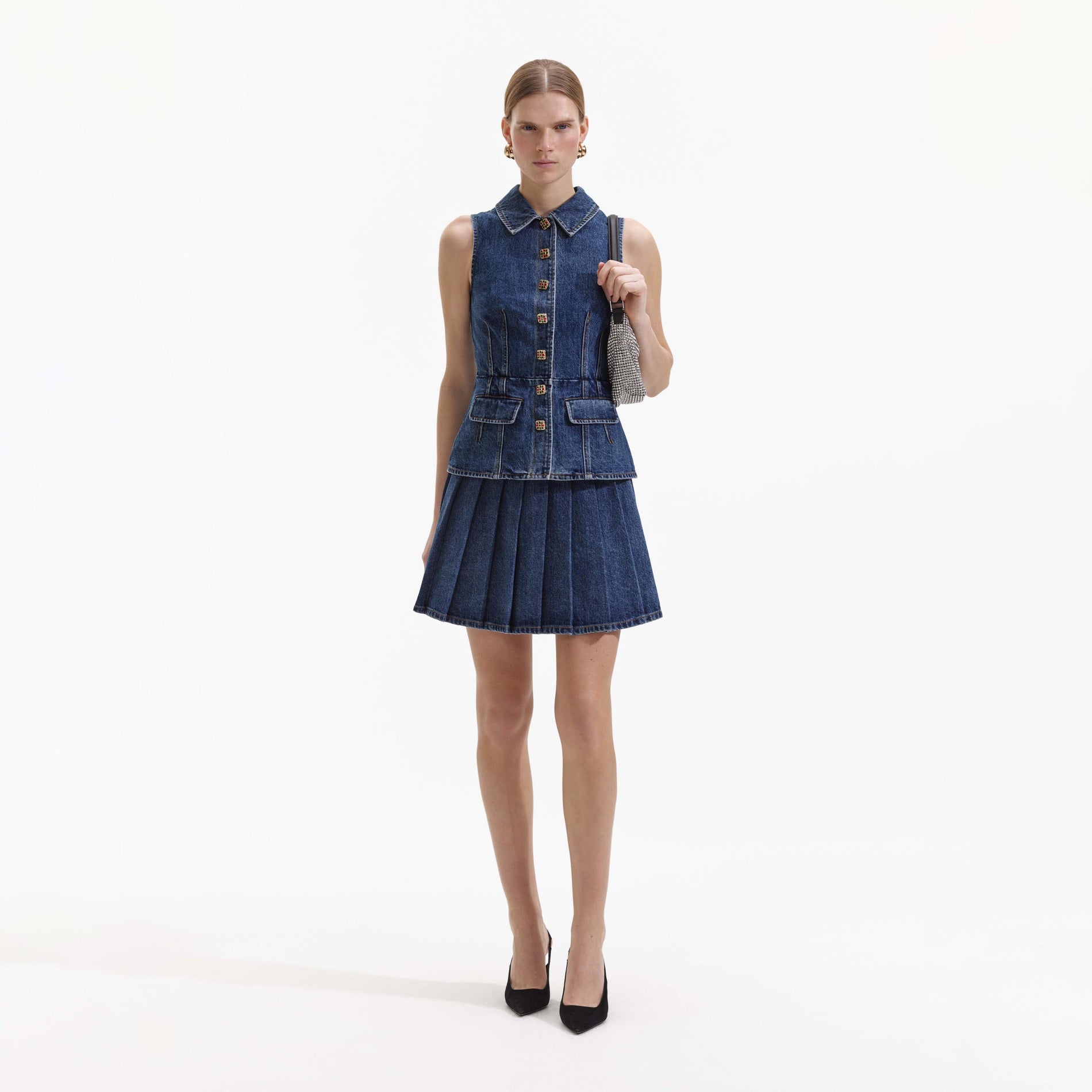 Front view of a woman wearing the Tailored Denim Mini Dress