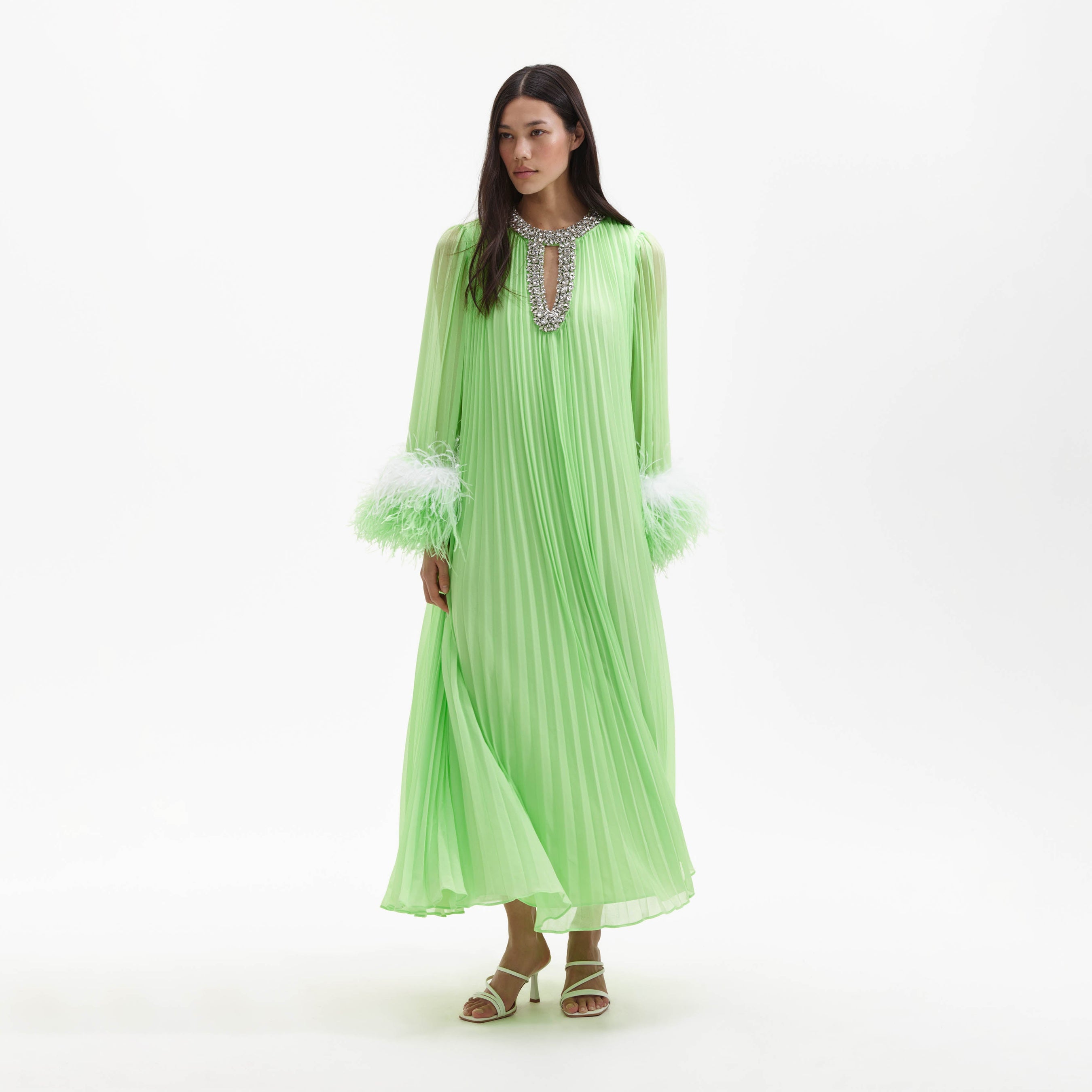 Green Chiffon Feather Midi Dress