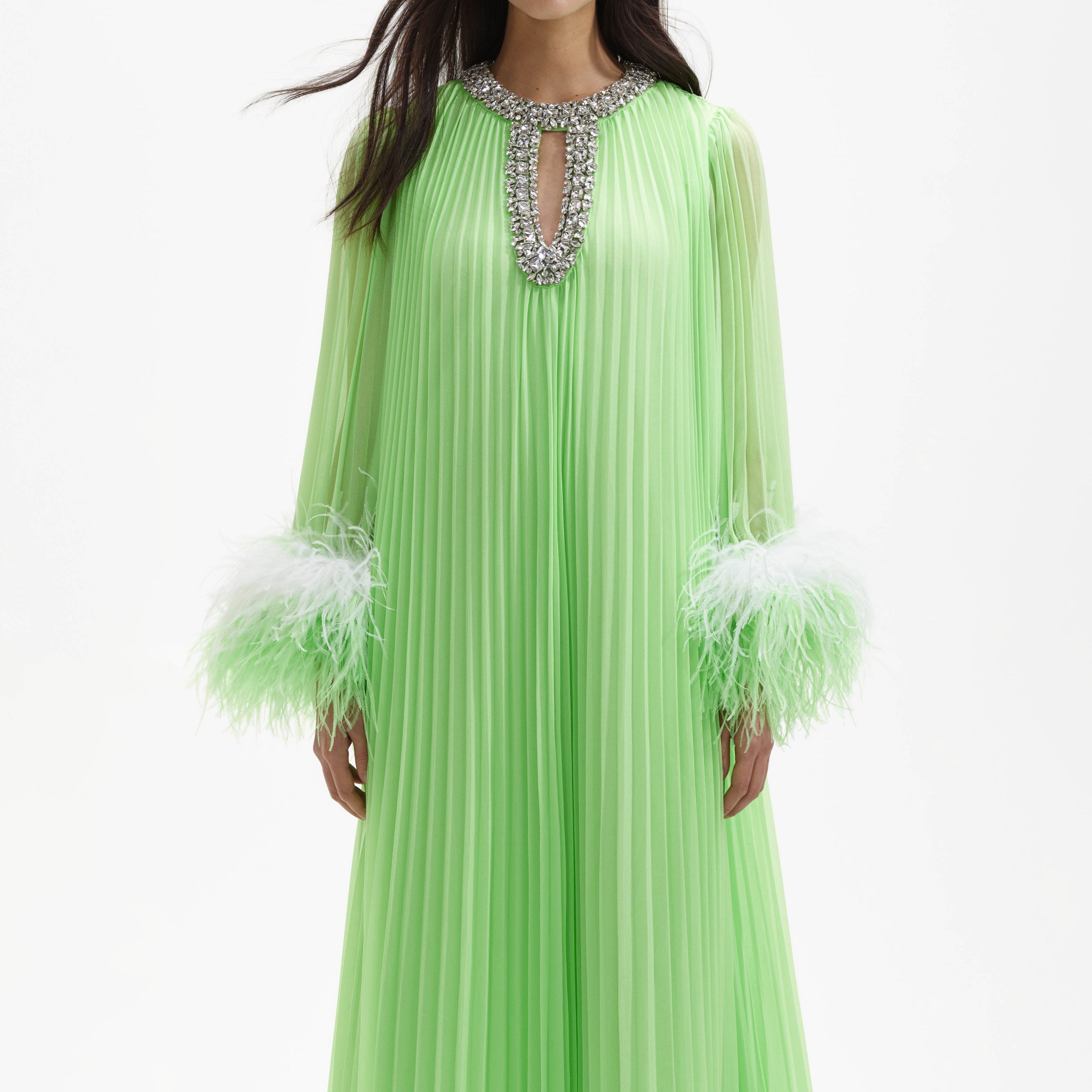 Green Chiffon Feather Midi Dress