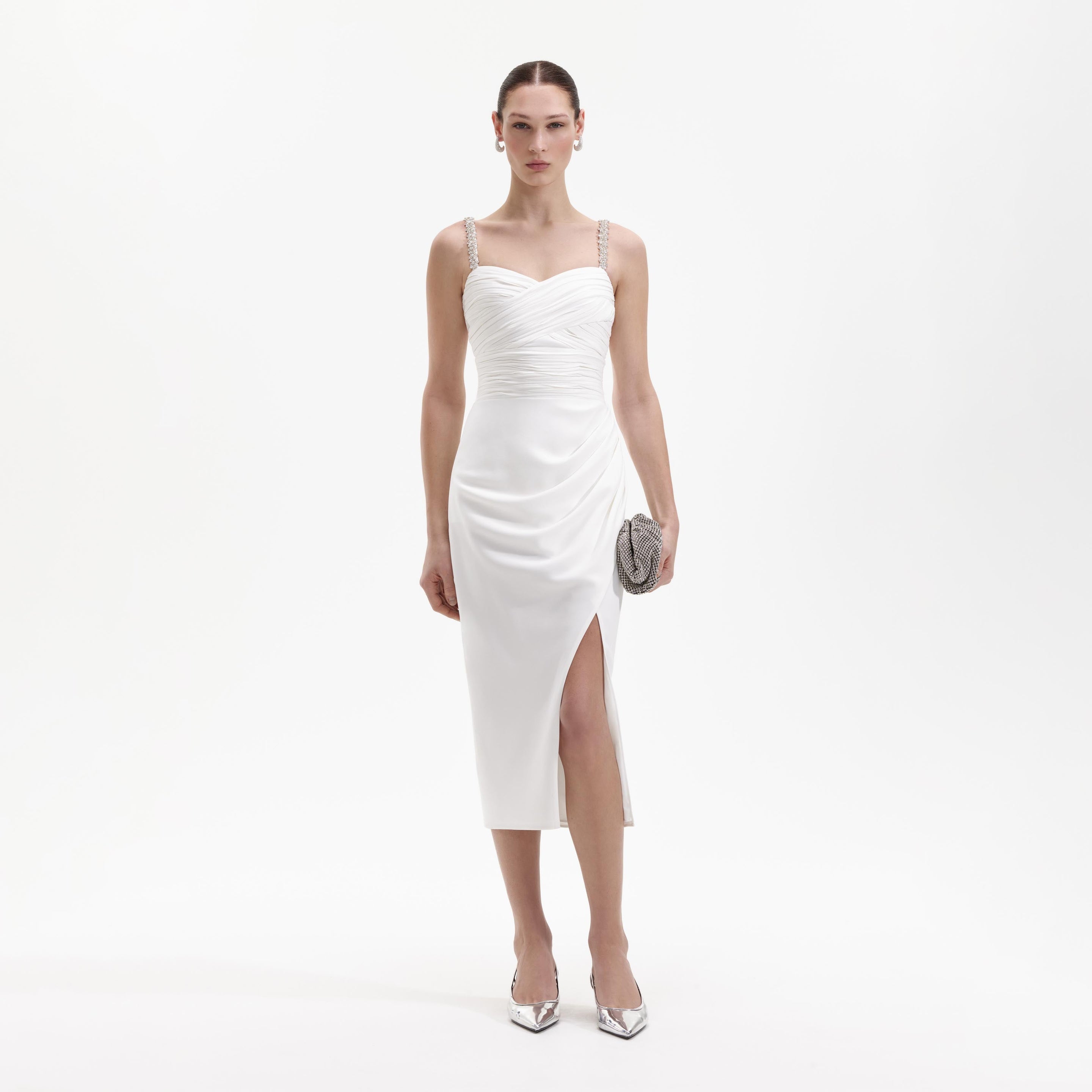 White Silk Dress Women Silk Slip Dress With Cowl Neck Midi Minimal