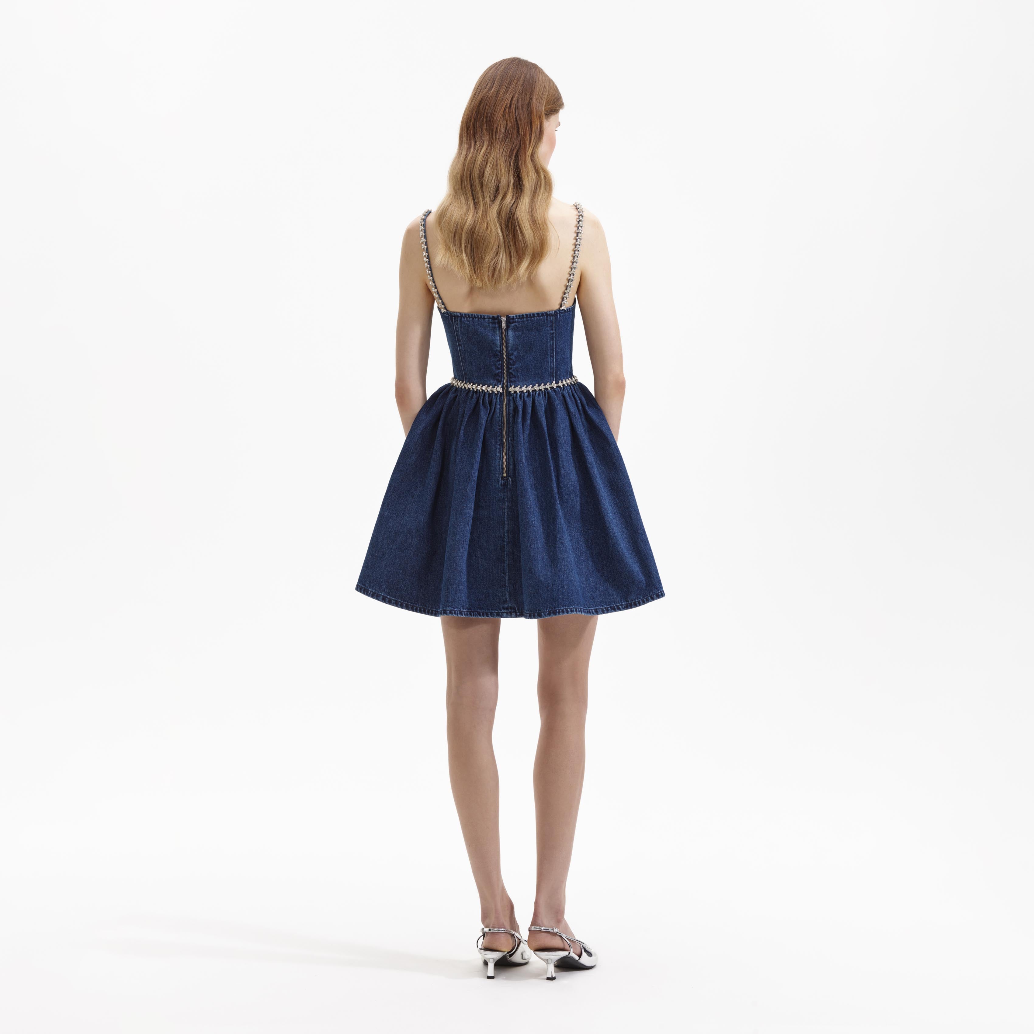 Stretch Denim And Mesh Panelled Midi Dress | Karen Millen