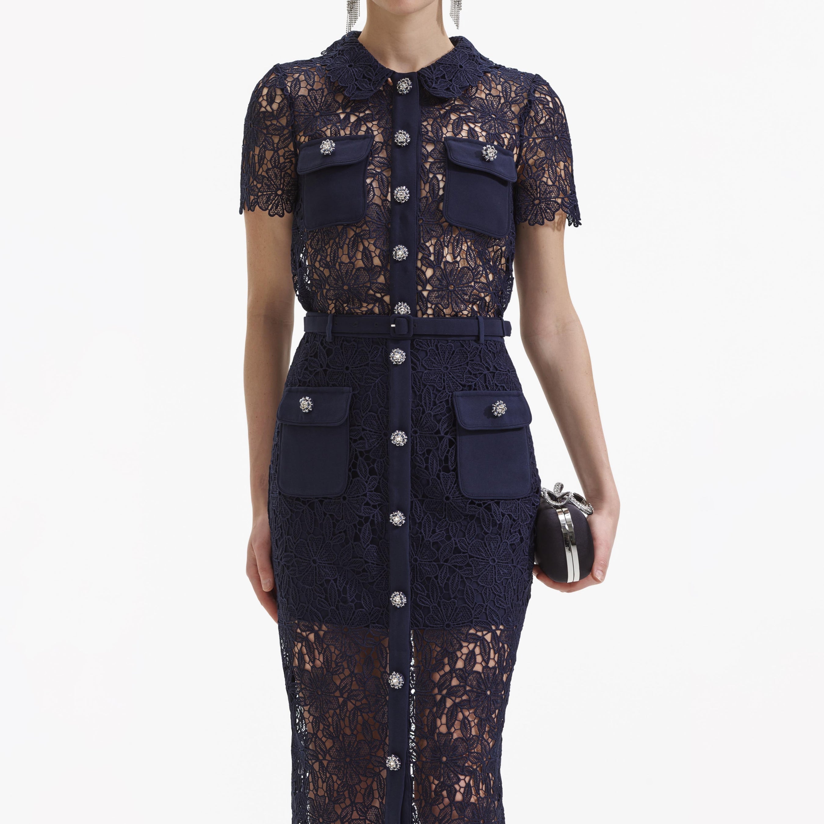 Navy Guipure Lace Midi Skirt