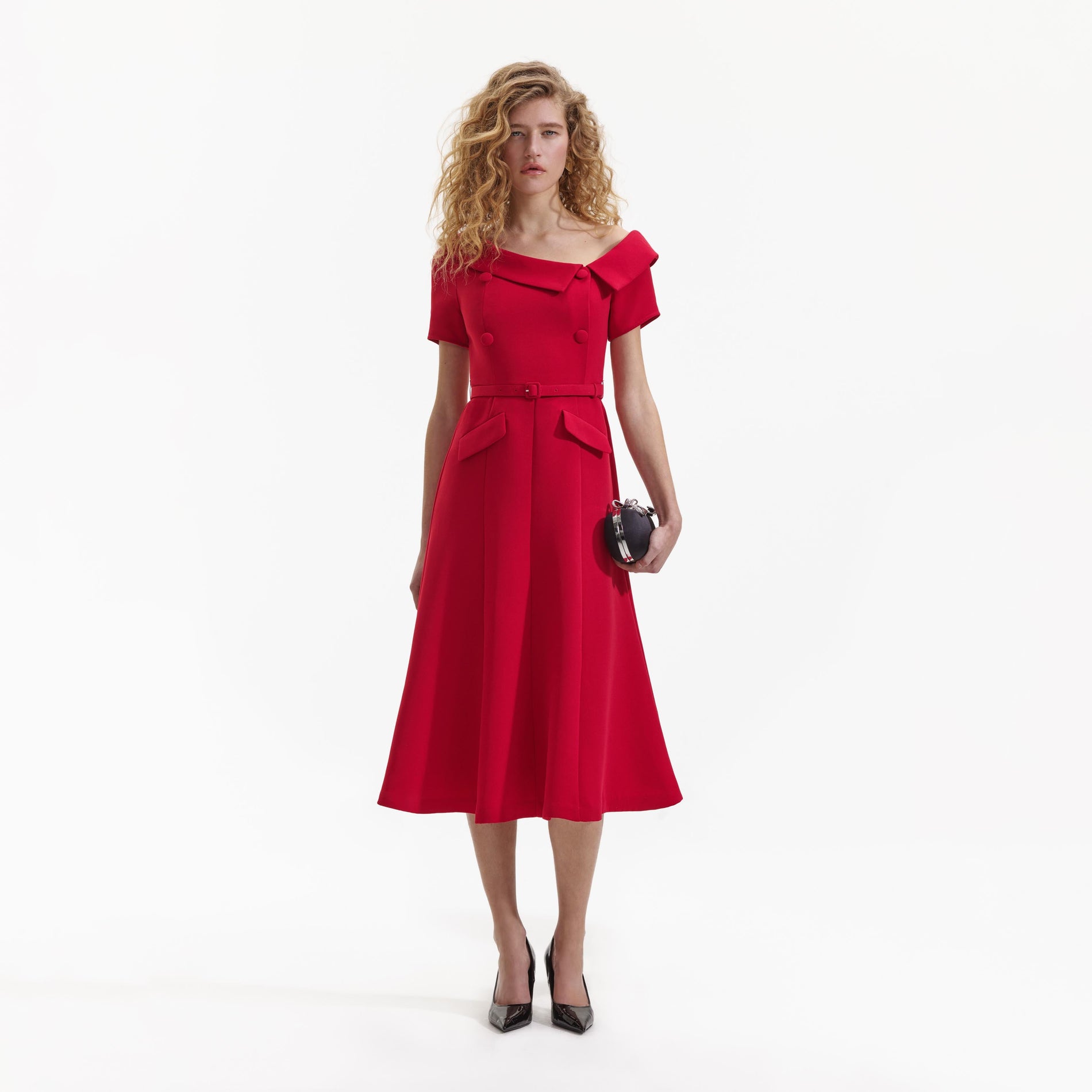 A Woman wearing the Red Tailored Crepe Midi Dress