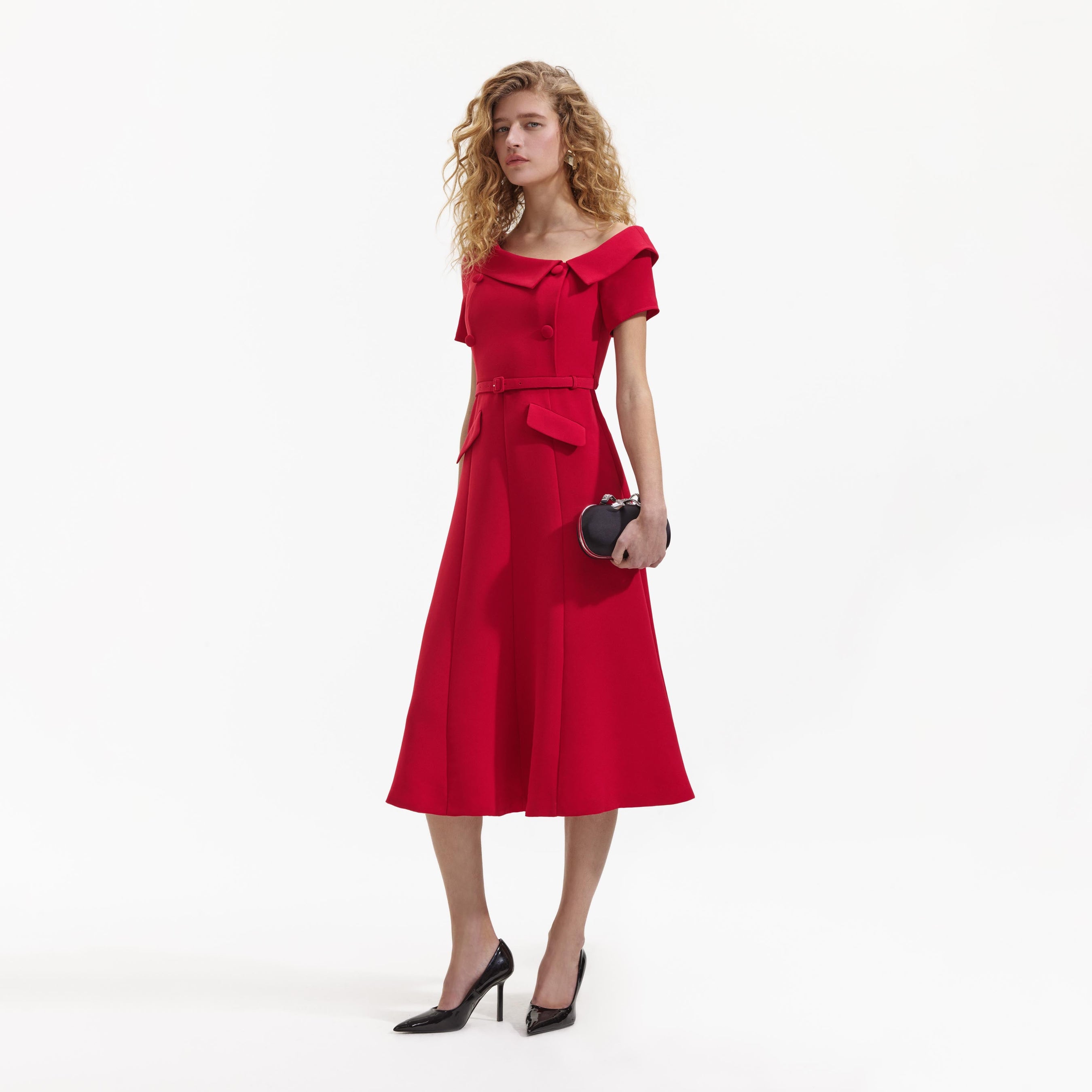 Red Tailored Crepe Midi Dress