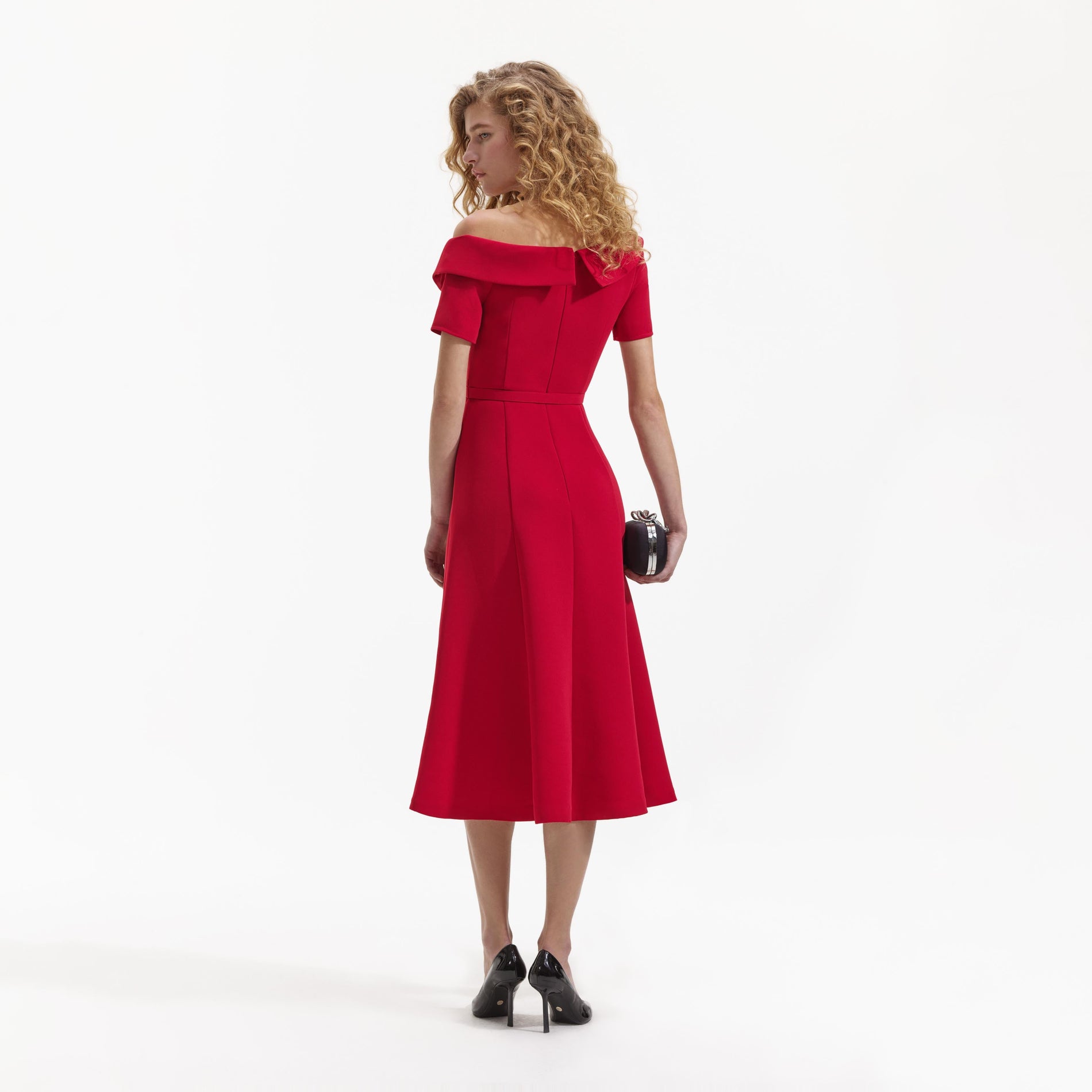A Woman wearing the Red Tailored Crepe Midi Dress